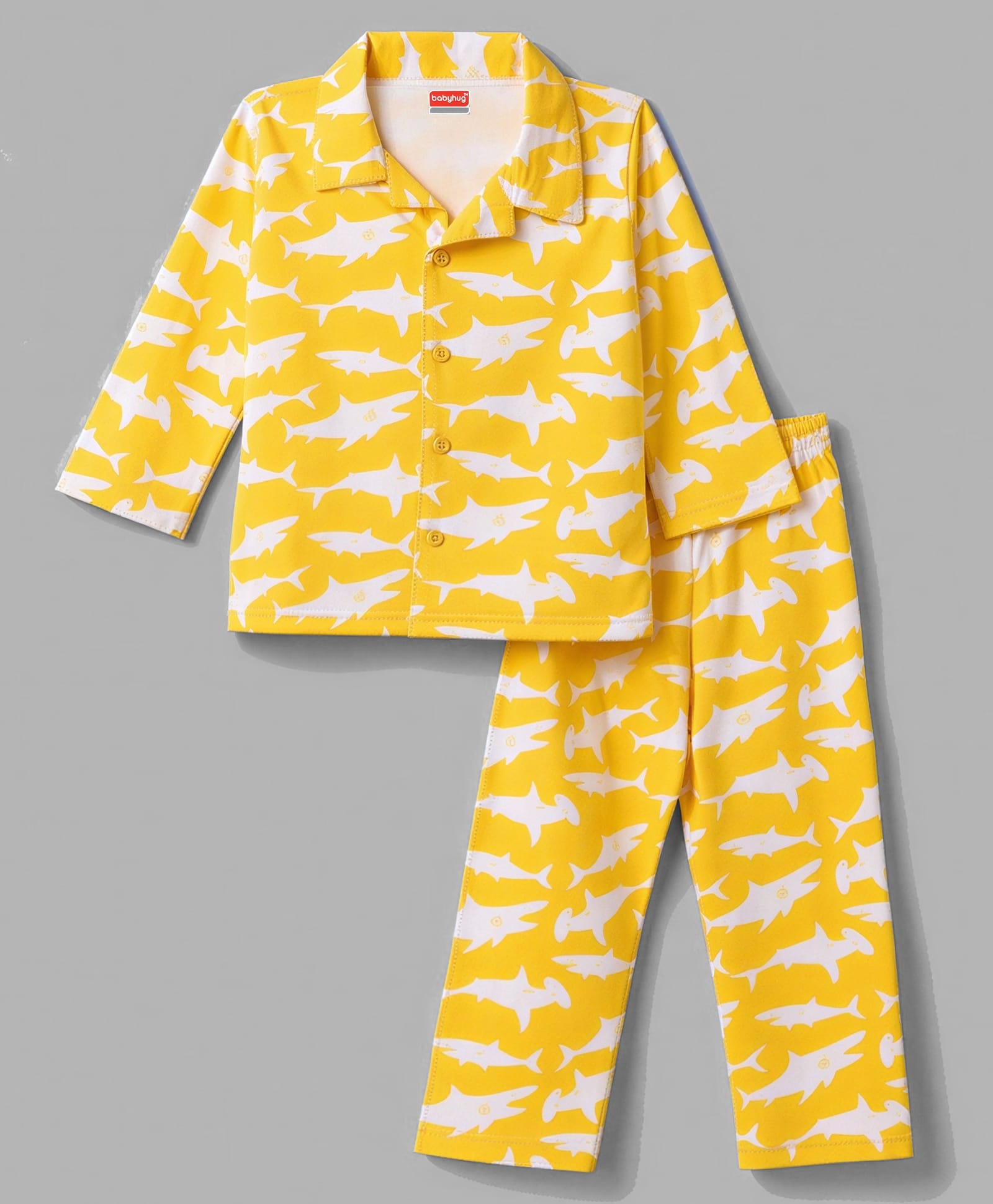 Babyhug Cotton Knit Full Sleeves Front Open Co-Ords Shark Printed Shirt & Pajama Night Suit - Yellow-image-47