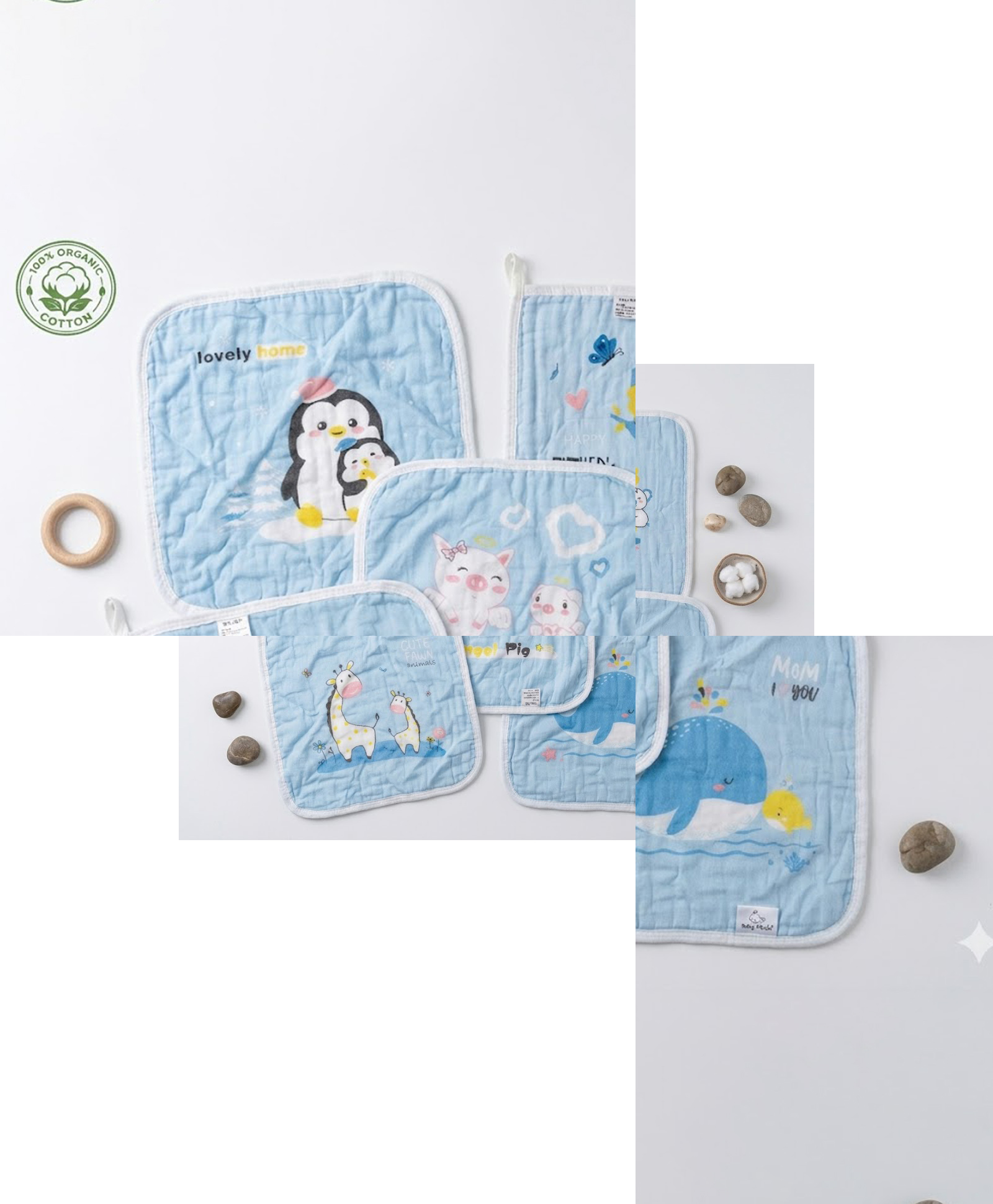 Baby Tales 6 Layer Organic Cotton Muslin Sea Life Printed Baby Handkerchiefs Ultra Gentle & Highly Absorbent Pack Of 5 - Light Blue-image-43