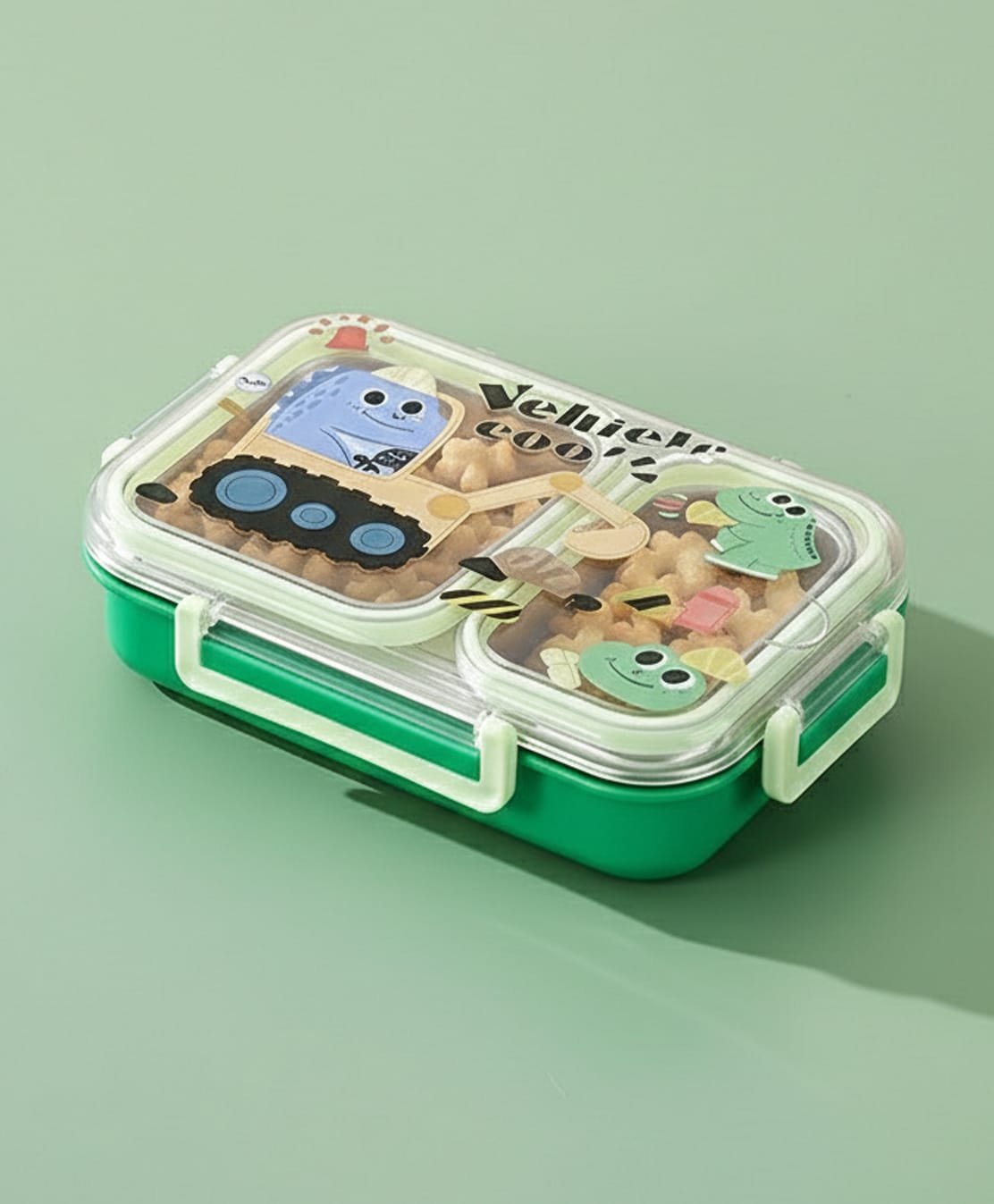 Purple Tots SUS 304 Stainless Steel 600 ml BPA Fre Lunchbox with Insulated Compartment Dino Print - Light Green-image-13