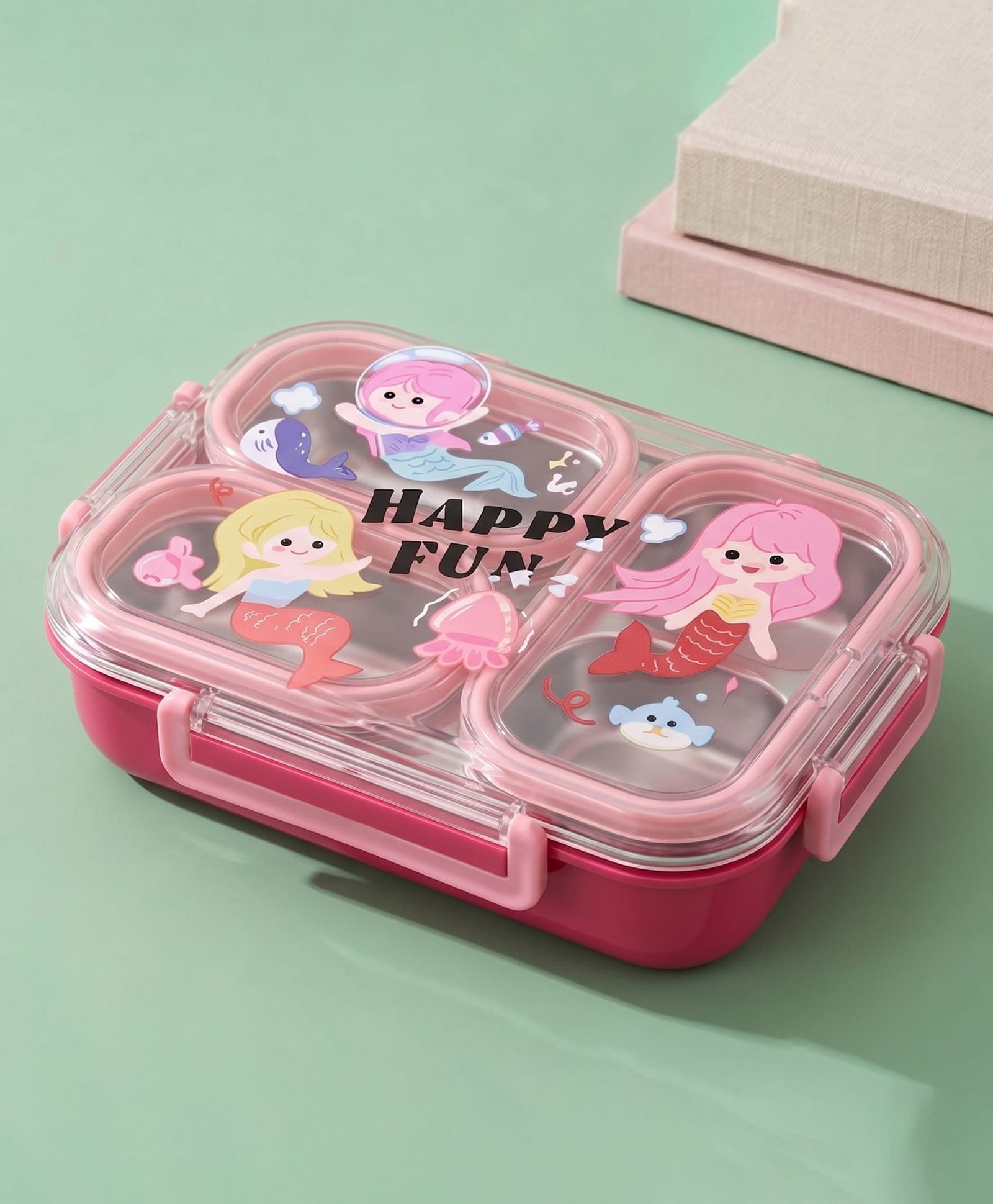 Purple Tots SUS 304 Stainless Steel 600 ml BPA Fre Lunch Box with Insulated Compartment Mermaid Print - Pink-image-7