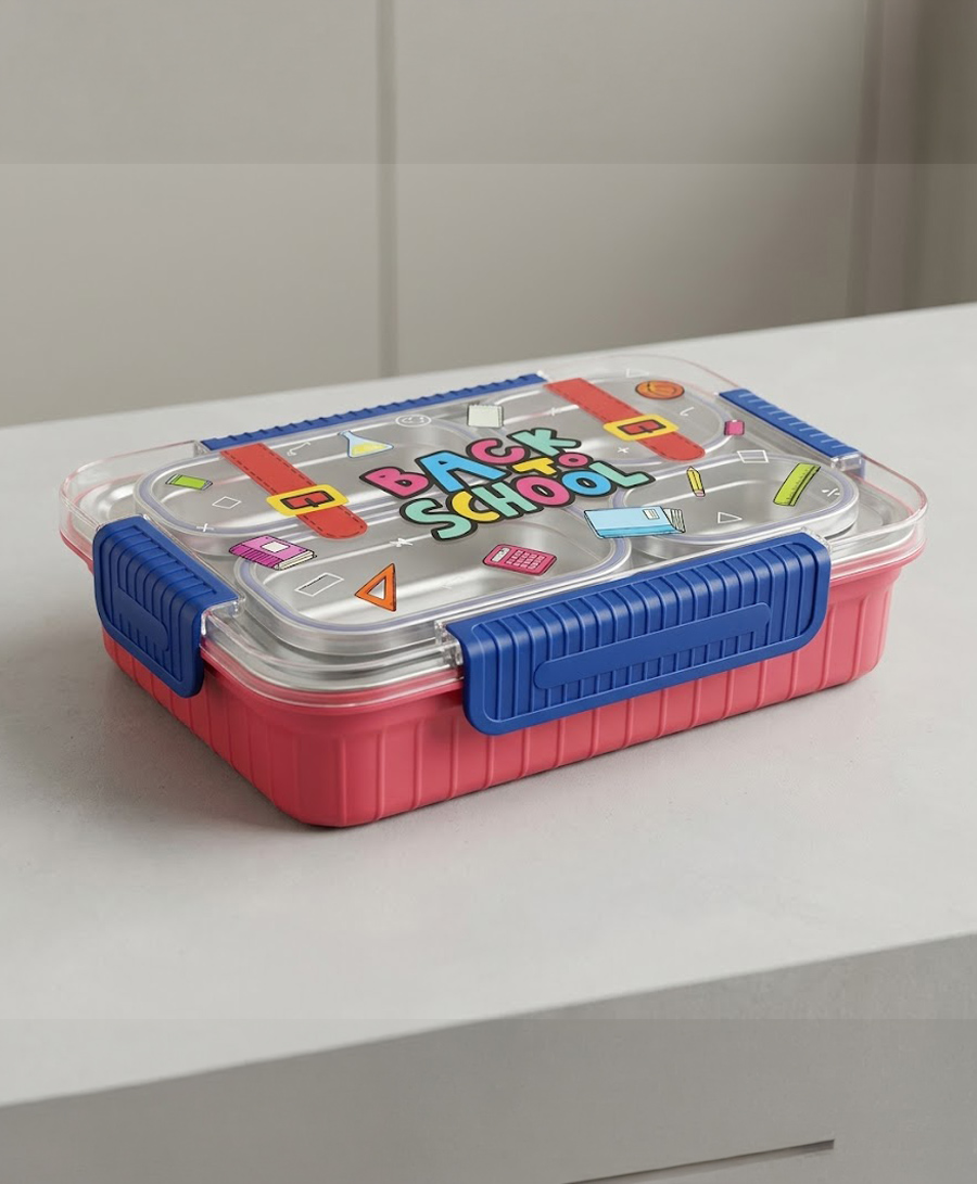 Purple Tots 4-Compartment Stainless Steel Lunch Box with Cutlery, Insulated School & Travel Tiffin Box 750 ml - Blue & Red-image-24