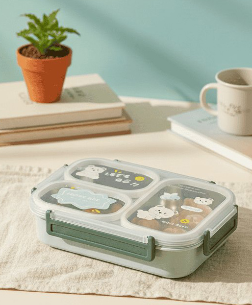 Purple Tots Toyshine SUS 304 Stainless Steel Bento Lunch Box for Kids 3 Compartment Leak-Proof Food Container Kitty Print-Green-image-15