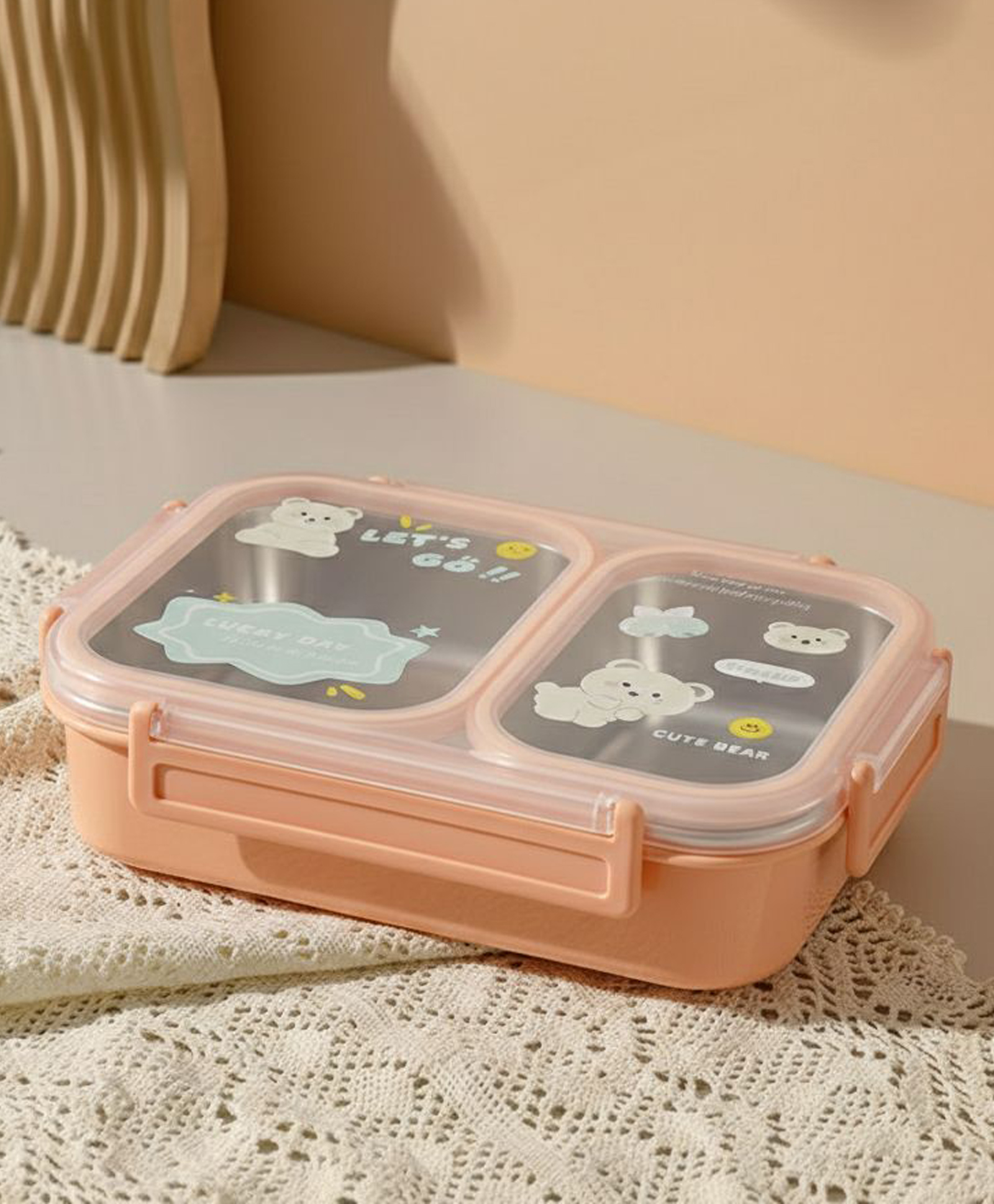 Purple Tots Toyshine SUS 304 Stainless Steel Bento Lunch Box for Kids 2 Compartment Leak-Proof Food Container Kitty Print-Peach-image-38