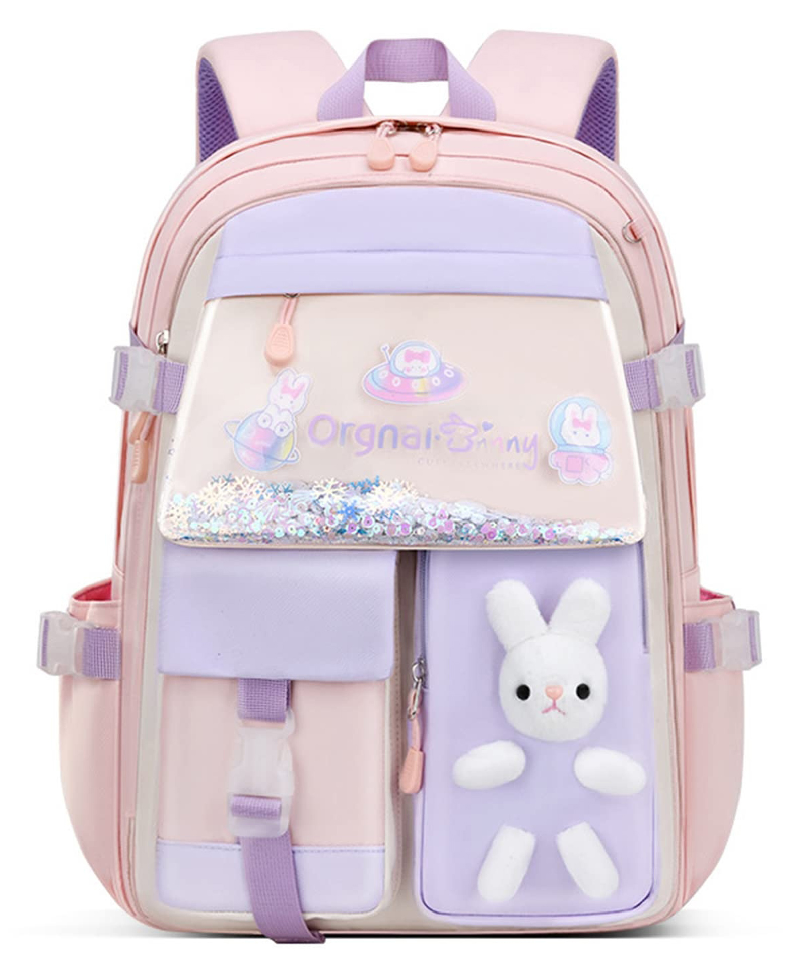 Purple Tots 17 Inches Cute Bunny Soft Toy Backpack for Small Primary School Kids with Multiple Zip Pockets & Anti Theft Pocket - Pink & Purple-image-2