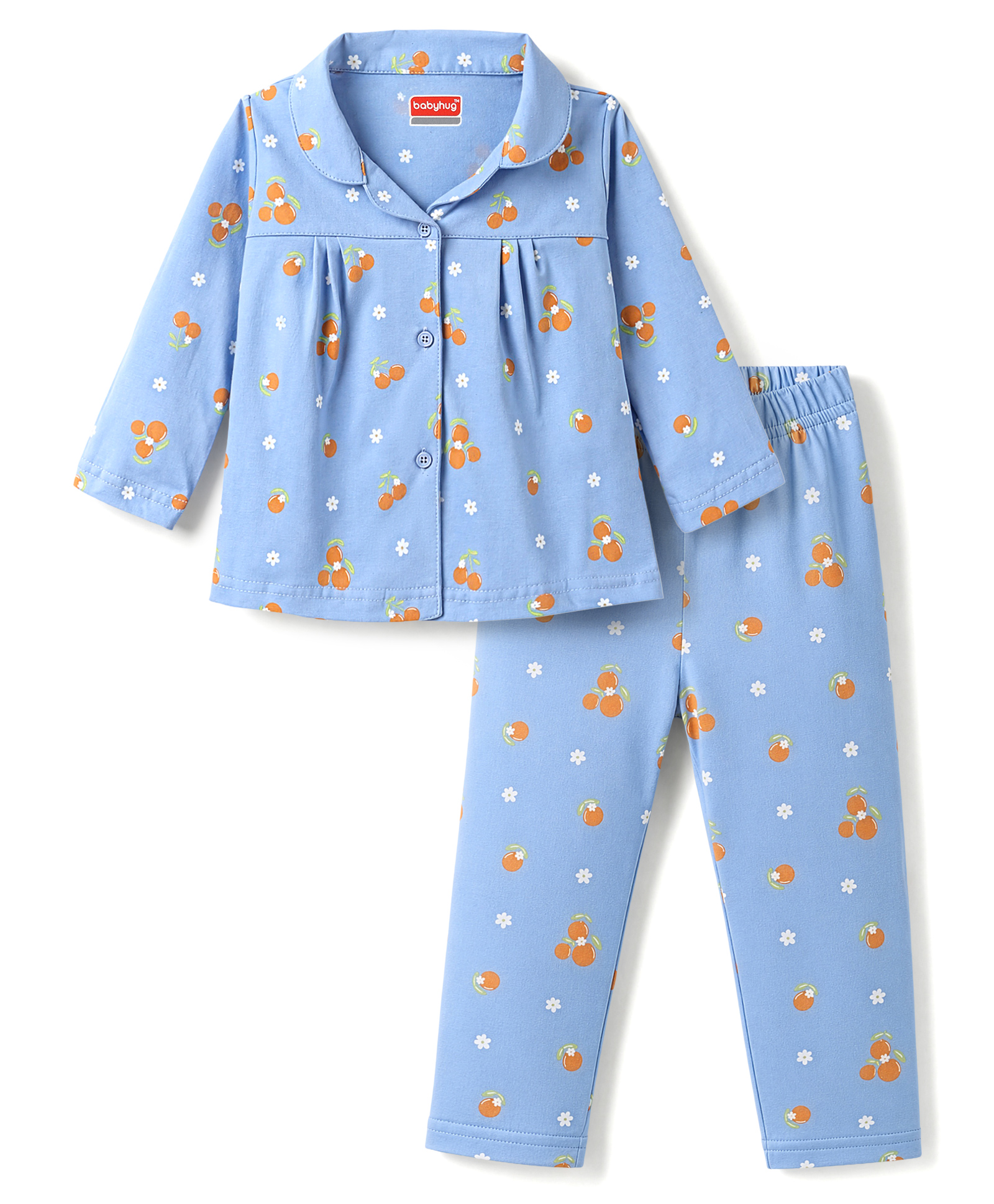 Babyhug Cotton Knit Full Sleeves Shirt & Pyjama Night Suit with Tropical Theme Print - Blue-image-38