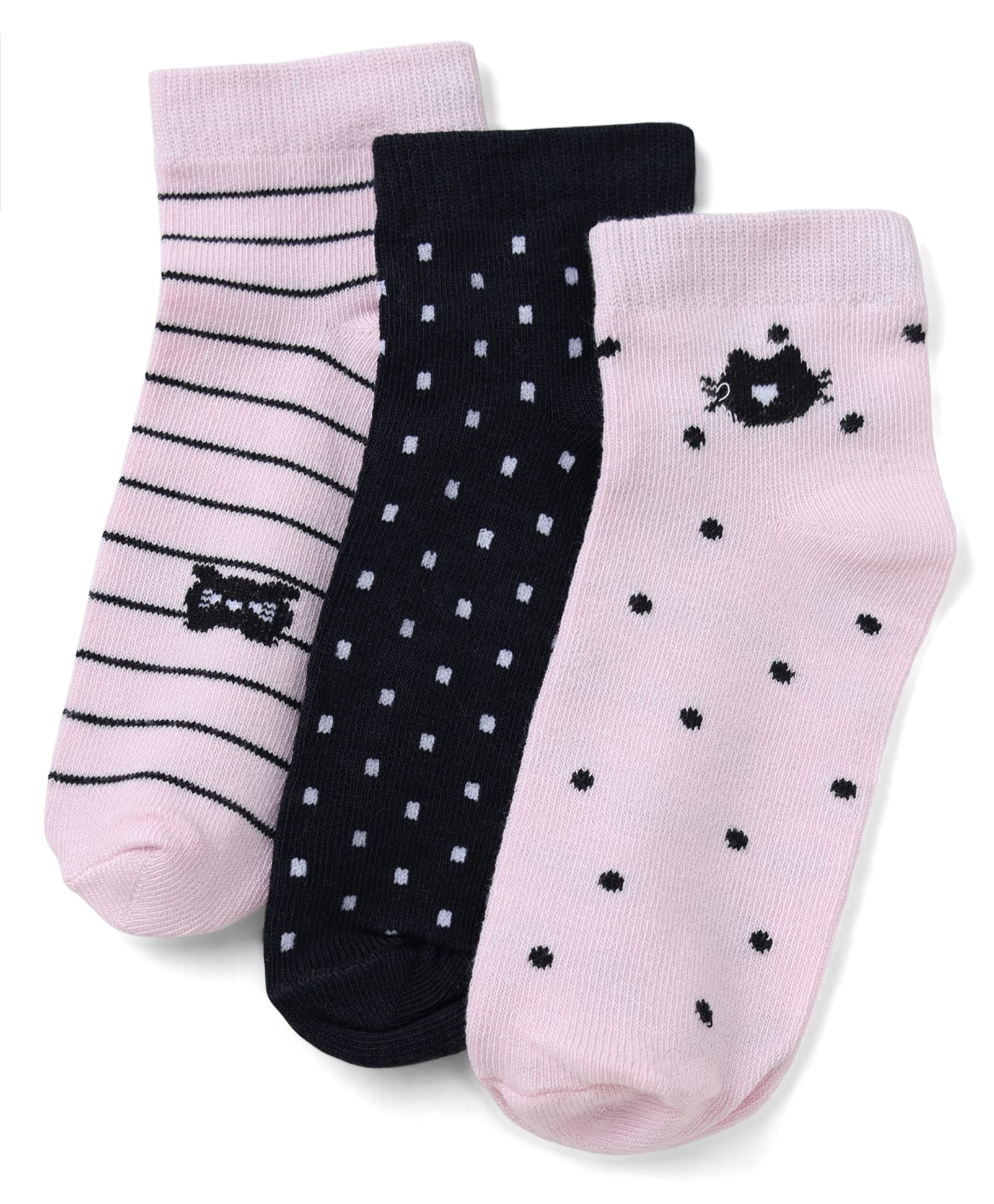Honeyhap Premium Cotton Bamboo Spandex Blend Knit Striped Socks with Kitten, Polka Dots Design with Bio Finish Pack of 3 - Pink, Navy Peony-picture-47