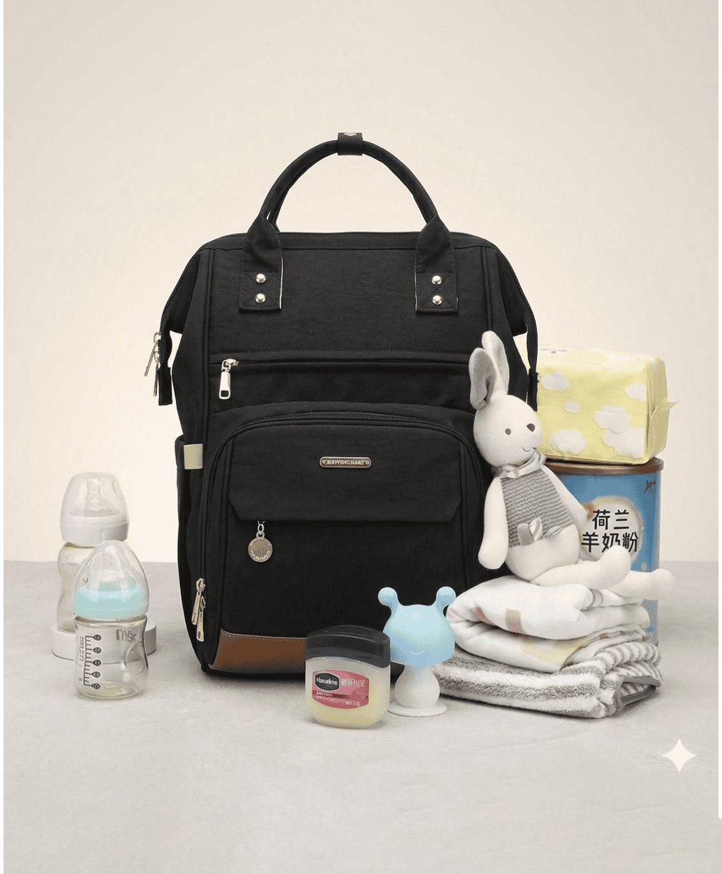 Purple Tots Baby Diaper Bag Backpack Waterproof Maternity Travel Bag with Insulated Bottle Pocket & Multi Compartments - Black-image-45