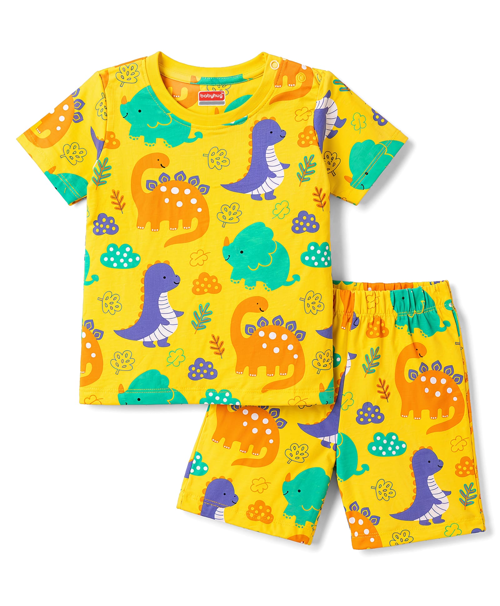Babyhug Cotton Knit Half Sleeves Dino Printed Co-Ords T-Shirt & Shorts Night Suit - Yellow-image-46