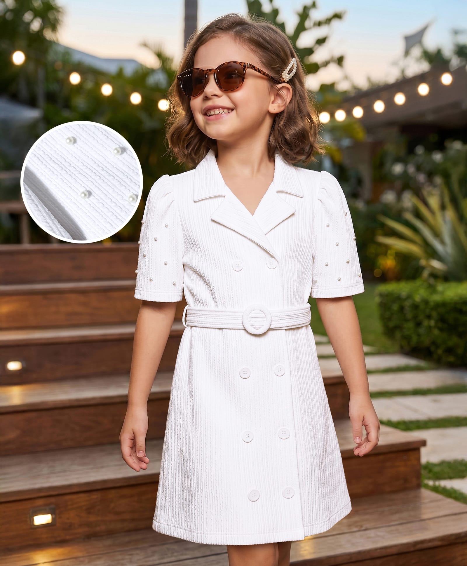 Hola Bonita Knit Half Sleeves Solid Colour Emblished Shirt Dress With Belt - White-image-27