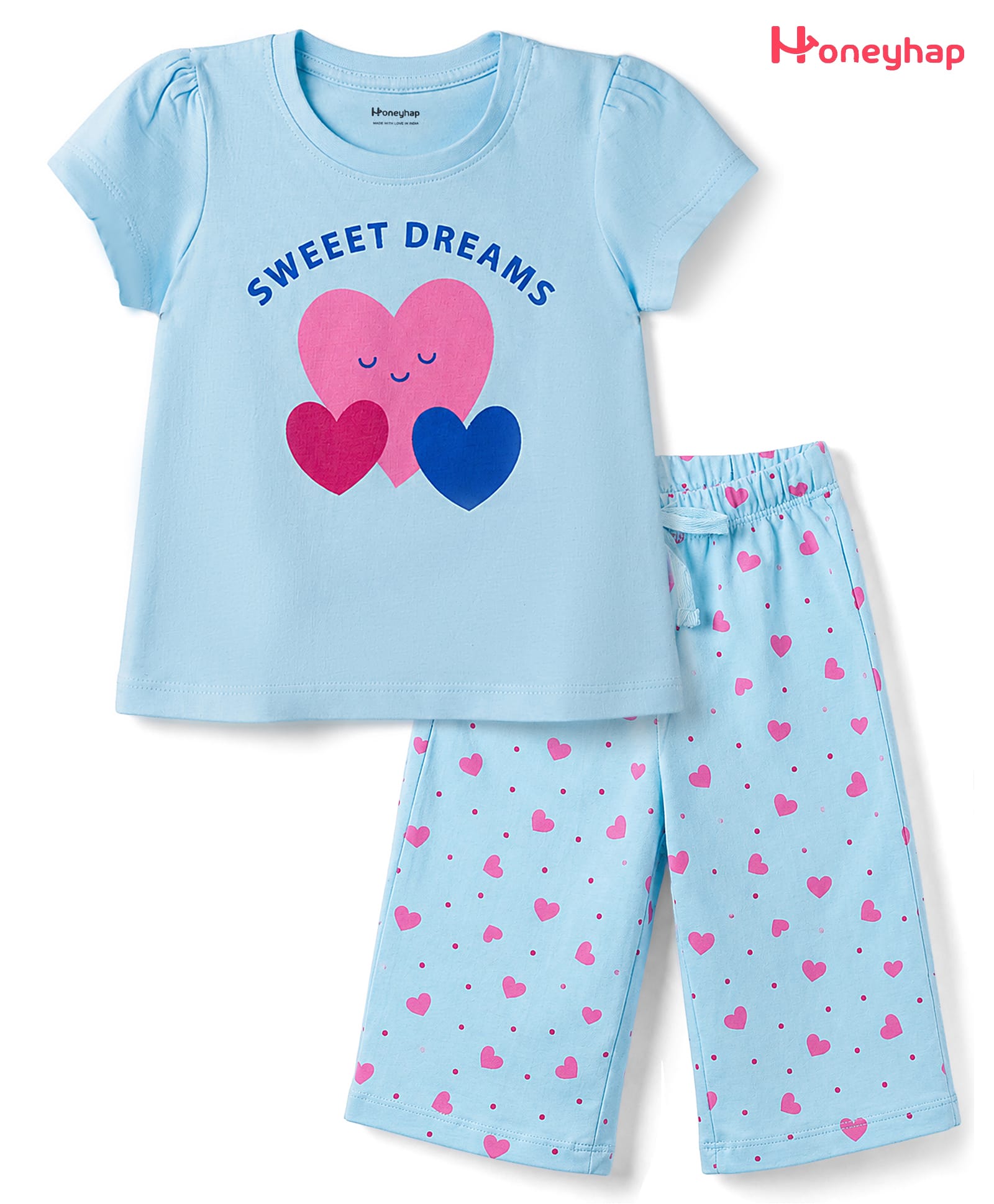 Honeyhap 100% Cotton Knit Single T-Shirt & Capri Night Suits Bio Finish With Heart Print - Sky Blue-image-17