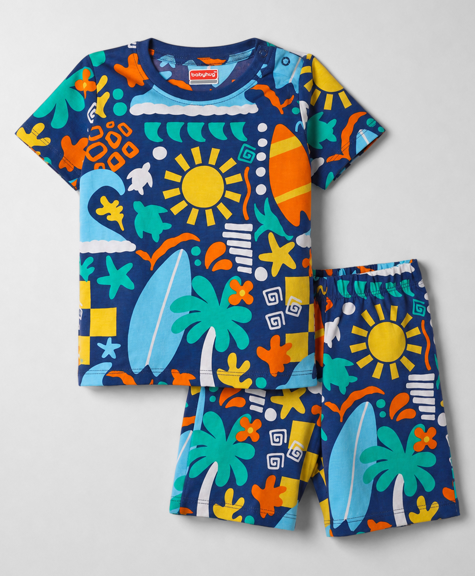 Babyhug Cotton Knit Half Sleeves Beach Theme Printed Co-Ords T-Shirt & Shorts Night Suit - Navy Blue-image-33