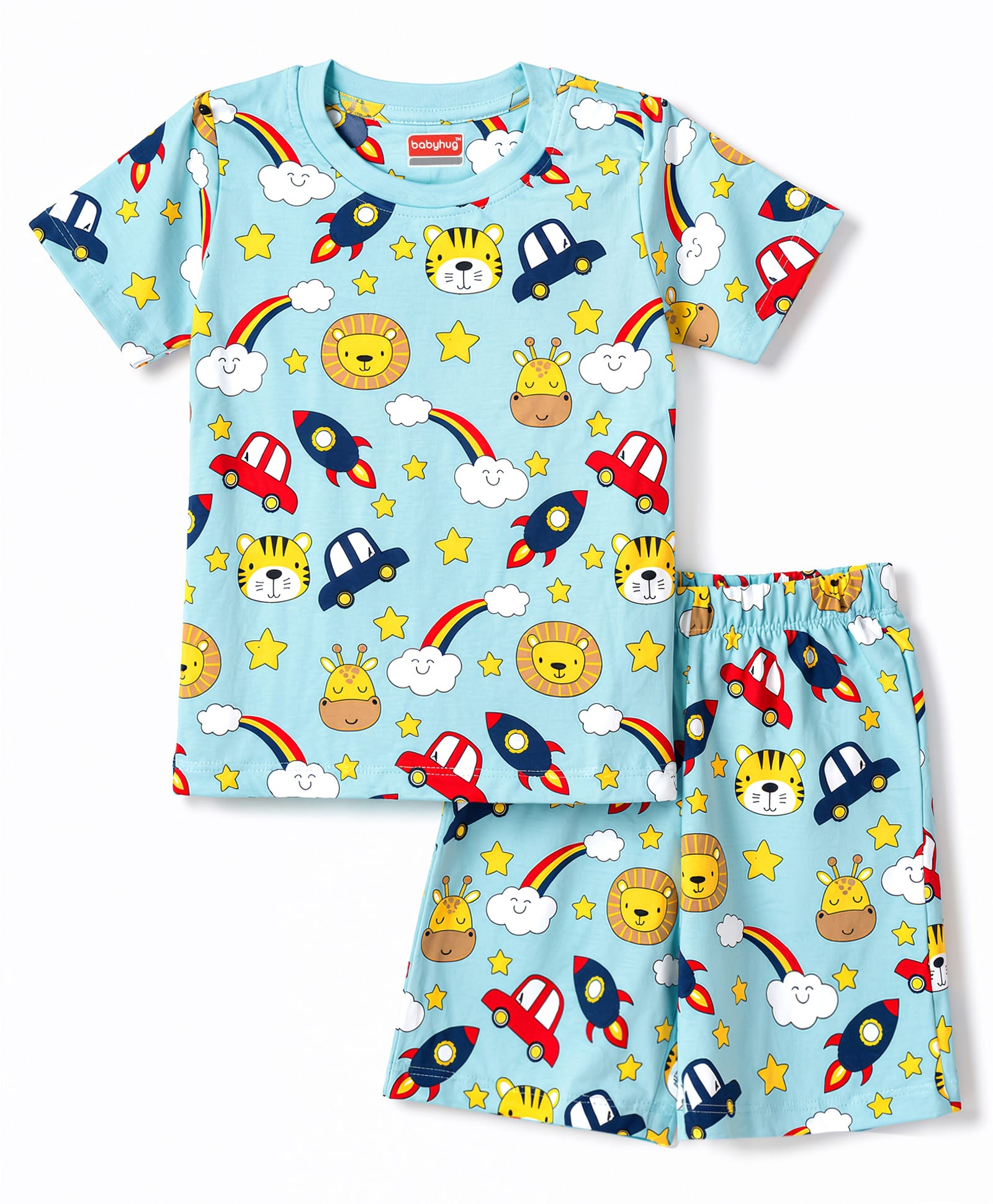 Babyhug Cotton Knit Half Sleeves Space Theme Vehicles & Animal Printed Co-Ords T-Shirt & Shorts Night Suit - Light Blue-image-45