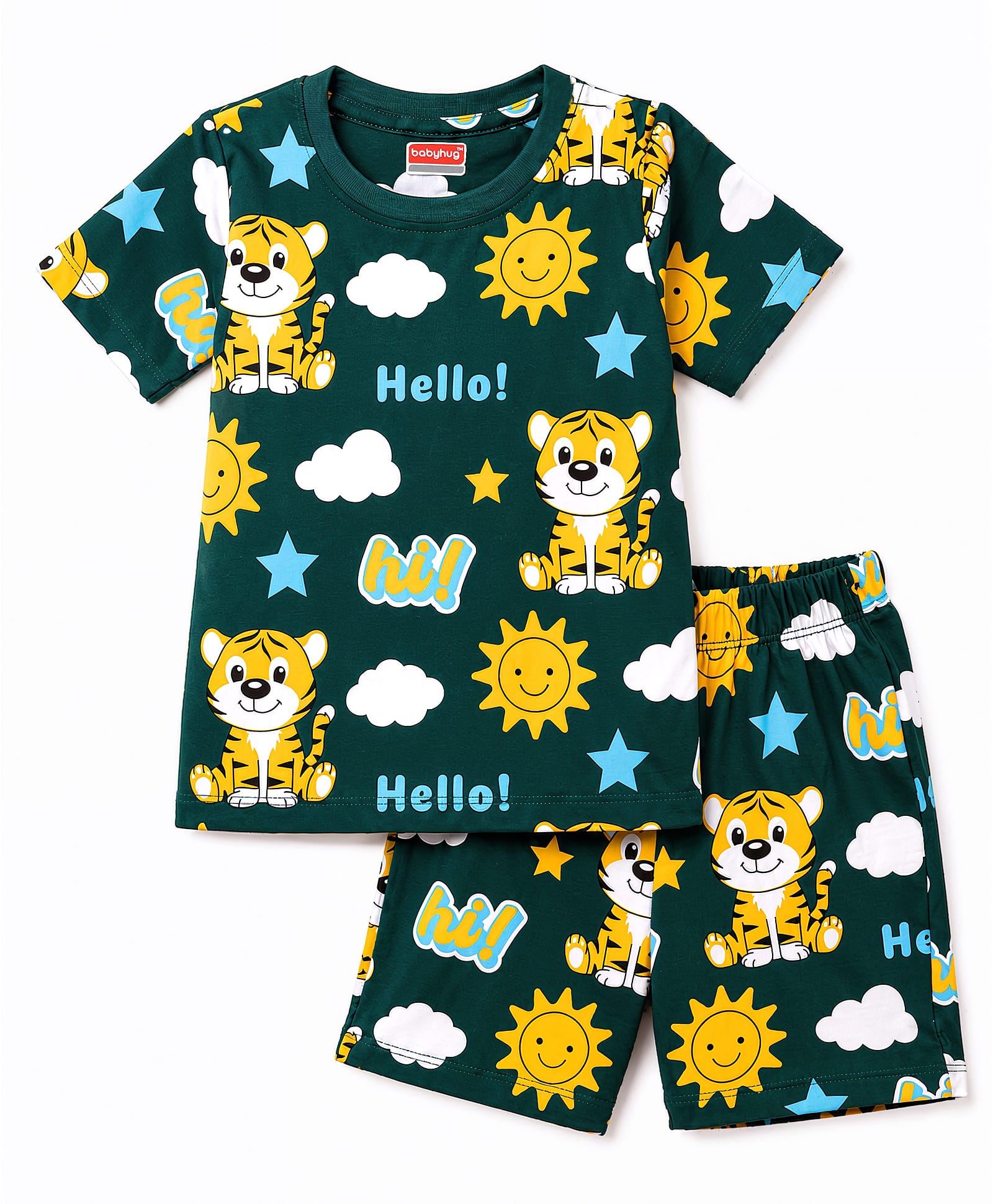 Babyhug Cotton Knit Half Sleeves Tiger Printed Co-Ords T-Shirt & Shorts Night Suit - Dark Green-image-48