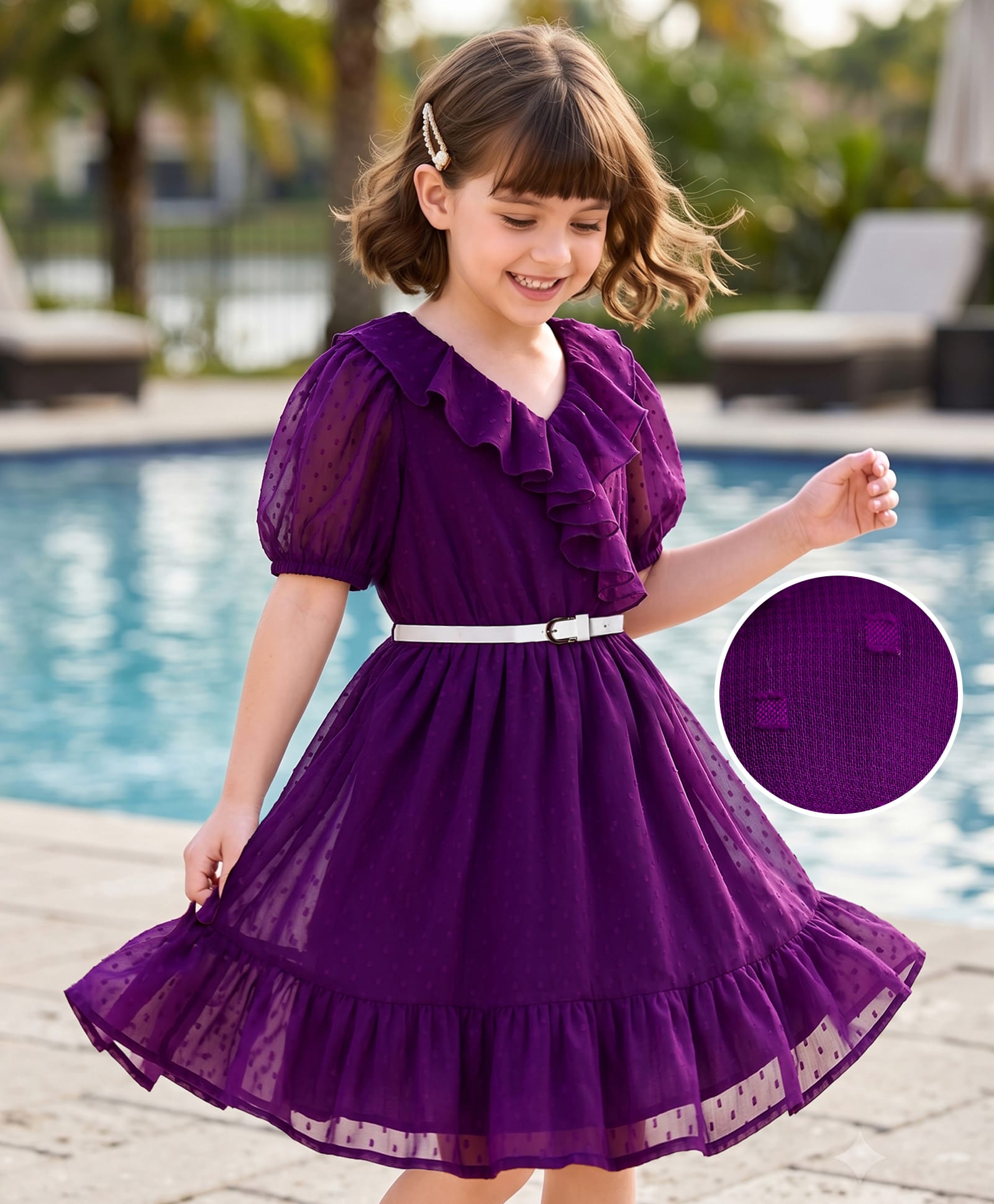 Hola Bonita Woven Half Sleeves Texture Dress With Belt - Purple-image-45