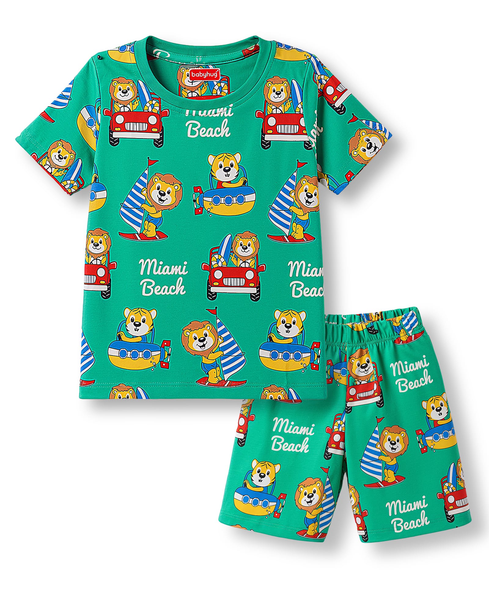 Babyhug Cotton Knit Half Sleeves Animal & Nautical Theme Printed Co-Ords T-Shirt & Shorts Night Suit - Green-image-32