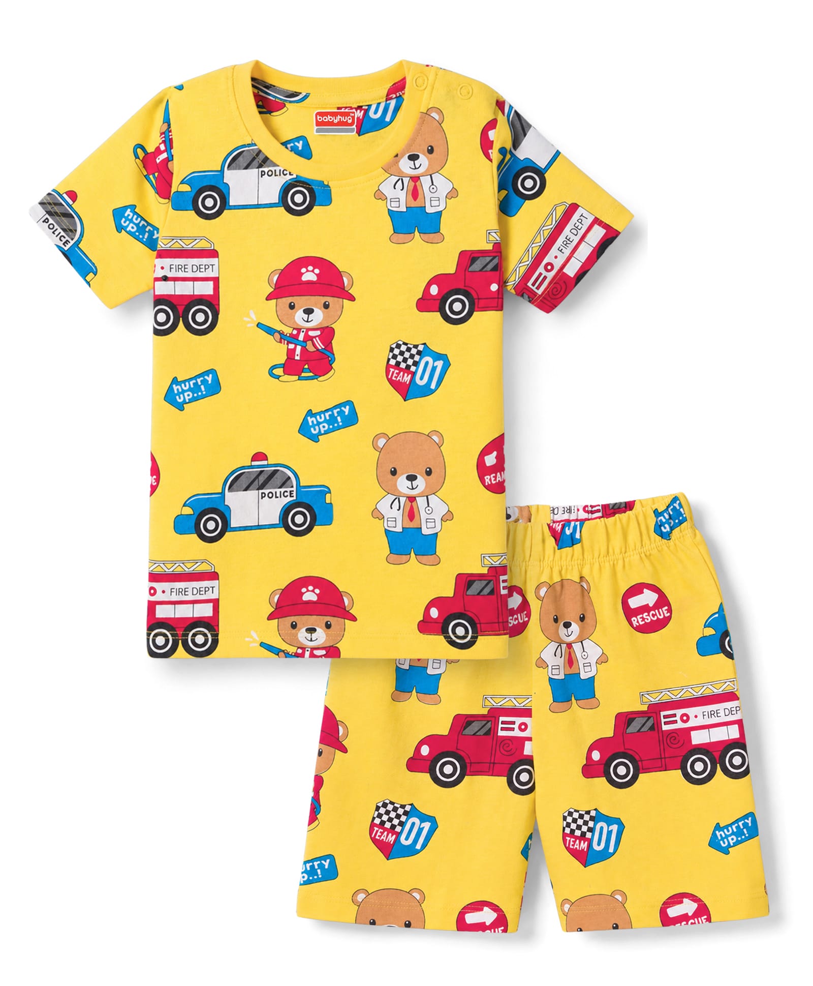 Babyhug Cotton Knit Half Sleeves Emergency Vehicles & Bear Printed Co-Ords T-Shirt & Shorts Night Suit - Yellow-image-37