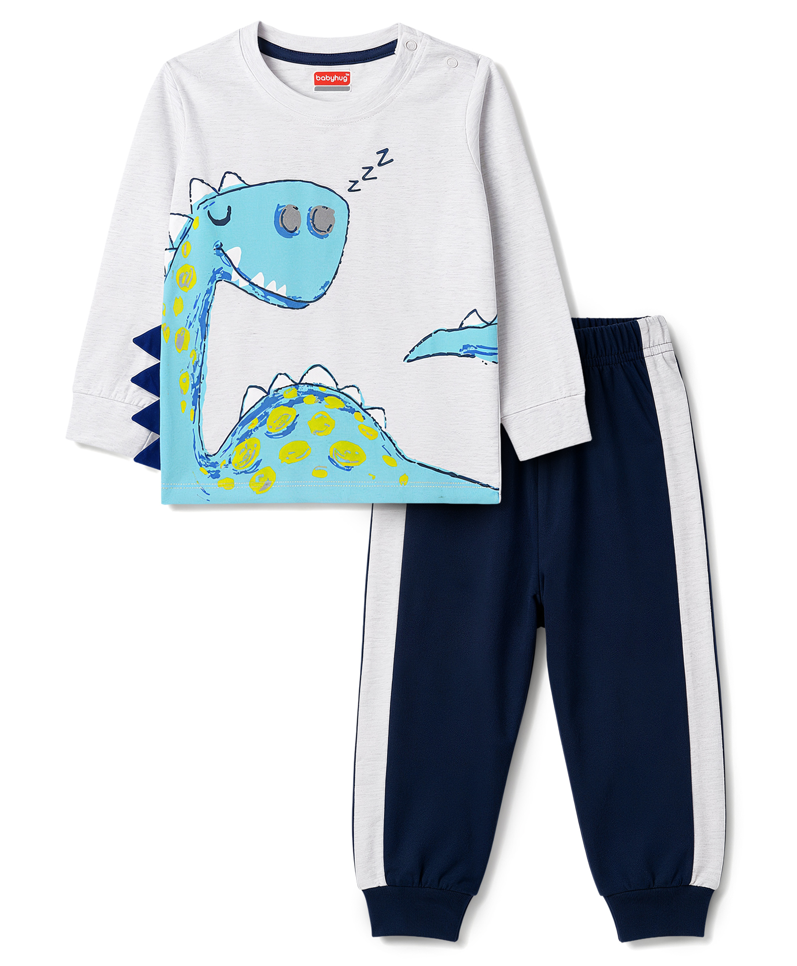 Babyhug Cotton Knit Full Sleeves Dino Printed T-Shirt & Pyjama Night Suit - Grey-image-46
