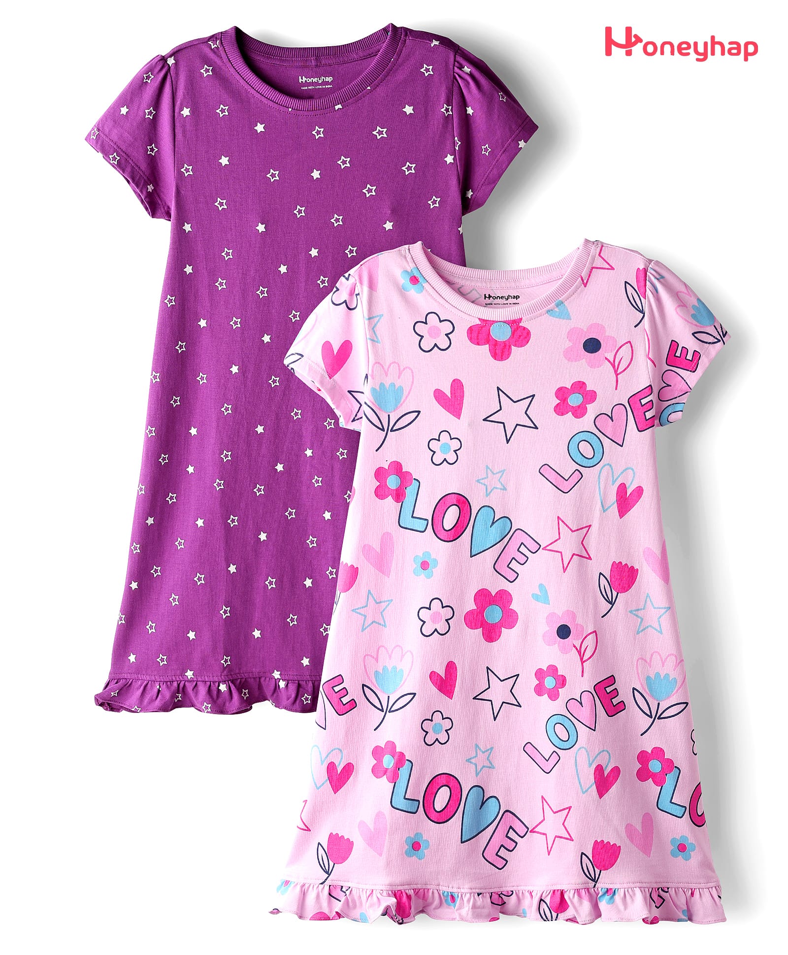 Honeyhap Premium 100% Cotton Knit Bio Finish Half Sleeves Nighty with Star Floral & Love Print Pack of 2 - Violet & Pink-picture-7