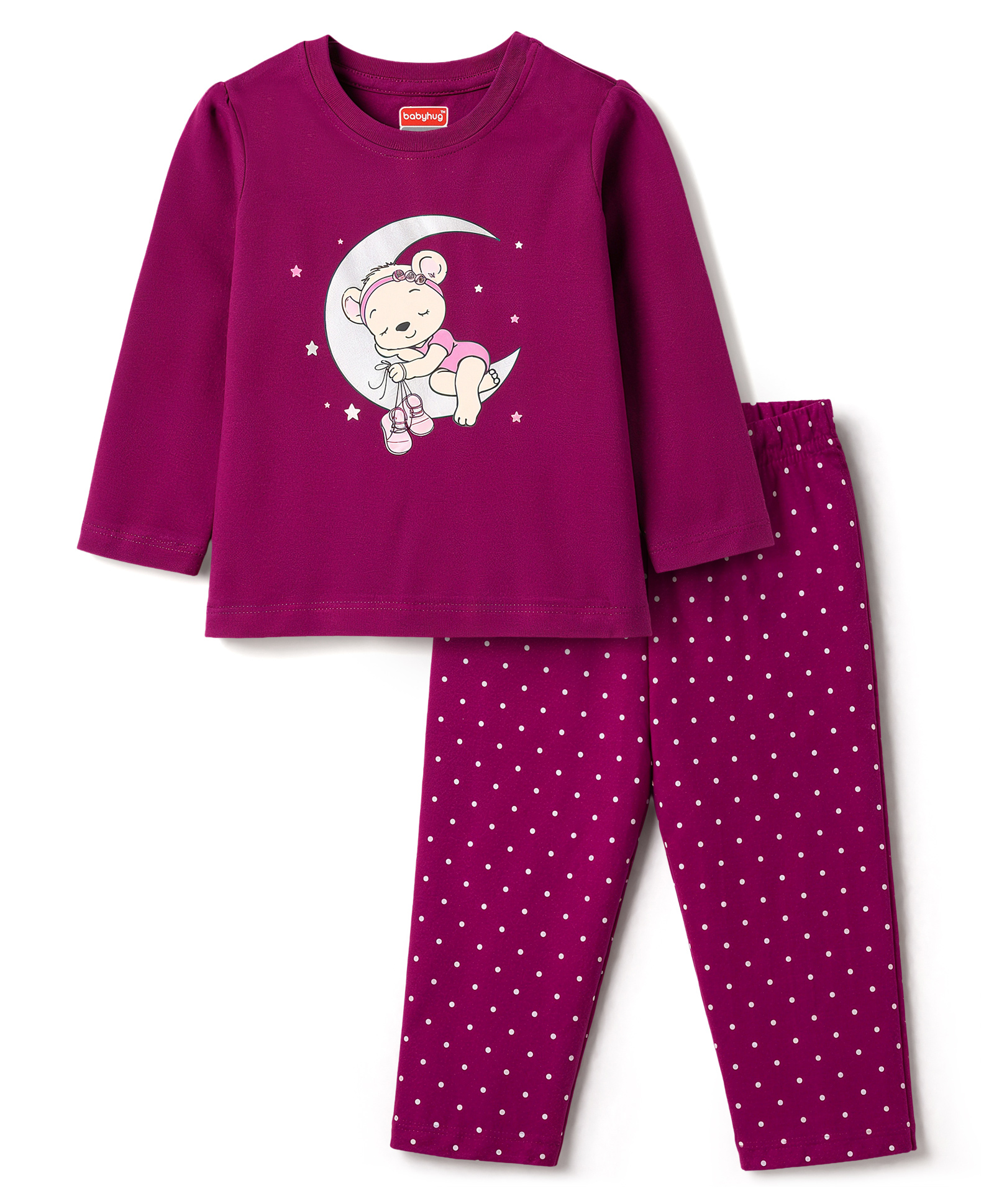 Babyhug Cotton Knit Full Sleeves Bear & Polka Dot Printed T-Shirt & Pyjama Night Suit - Dark Pink-image-21