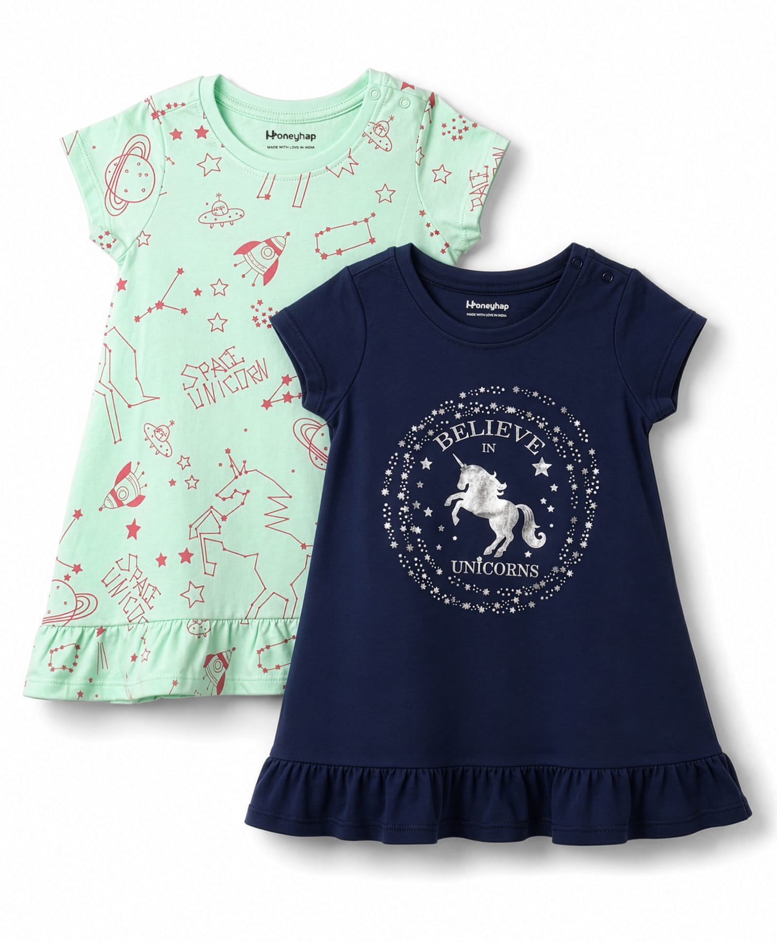 Honeyhap Premium Cotton 100% Cotton Knit Half Sleeves Unicorn Printed Nighties with Bio Finish Pack of 2 - Bay & Navy Peony-image-44