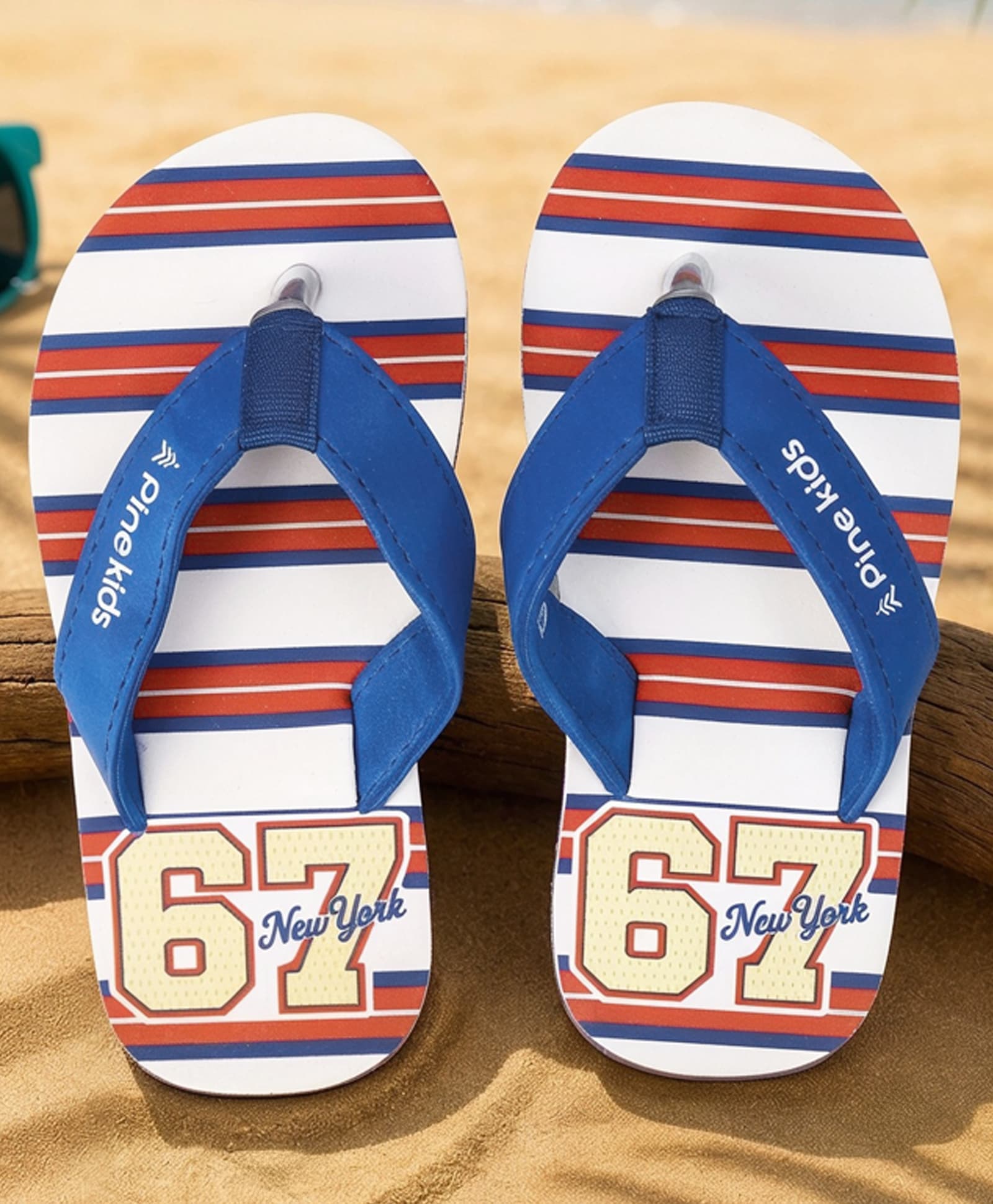 Pine Kids Slip On Flip Flops With Striped & Text Print - Blue & Red-picture-47