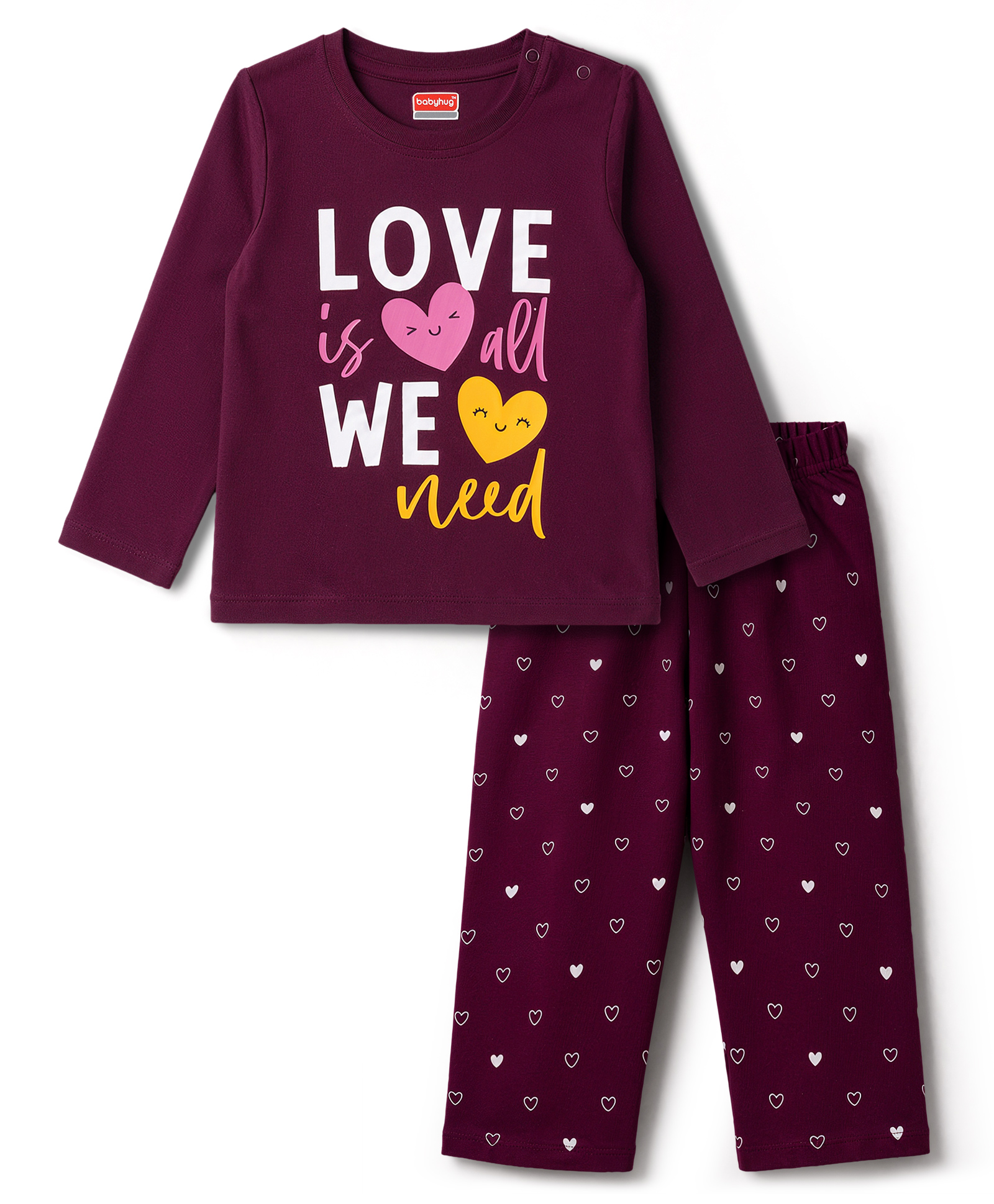Babyhug Cotton Knit Full Sleevess Love Text Printed T-Shirt & Pyjama Night Suit - Maroon-image-9