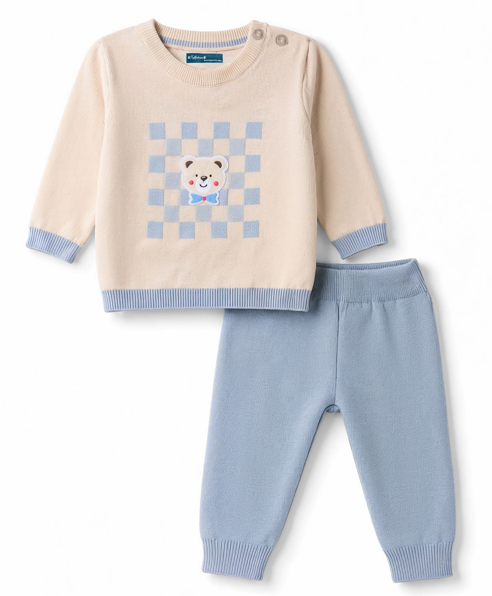 ToffyHouse Knitted Full Sleeves Checkered Sweater Set with Bear Patch - Sky-picture-15