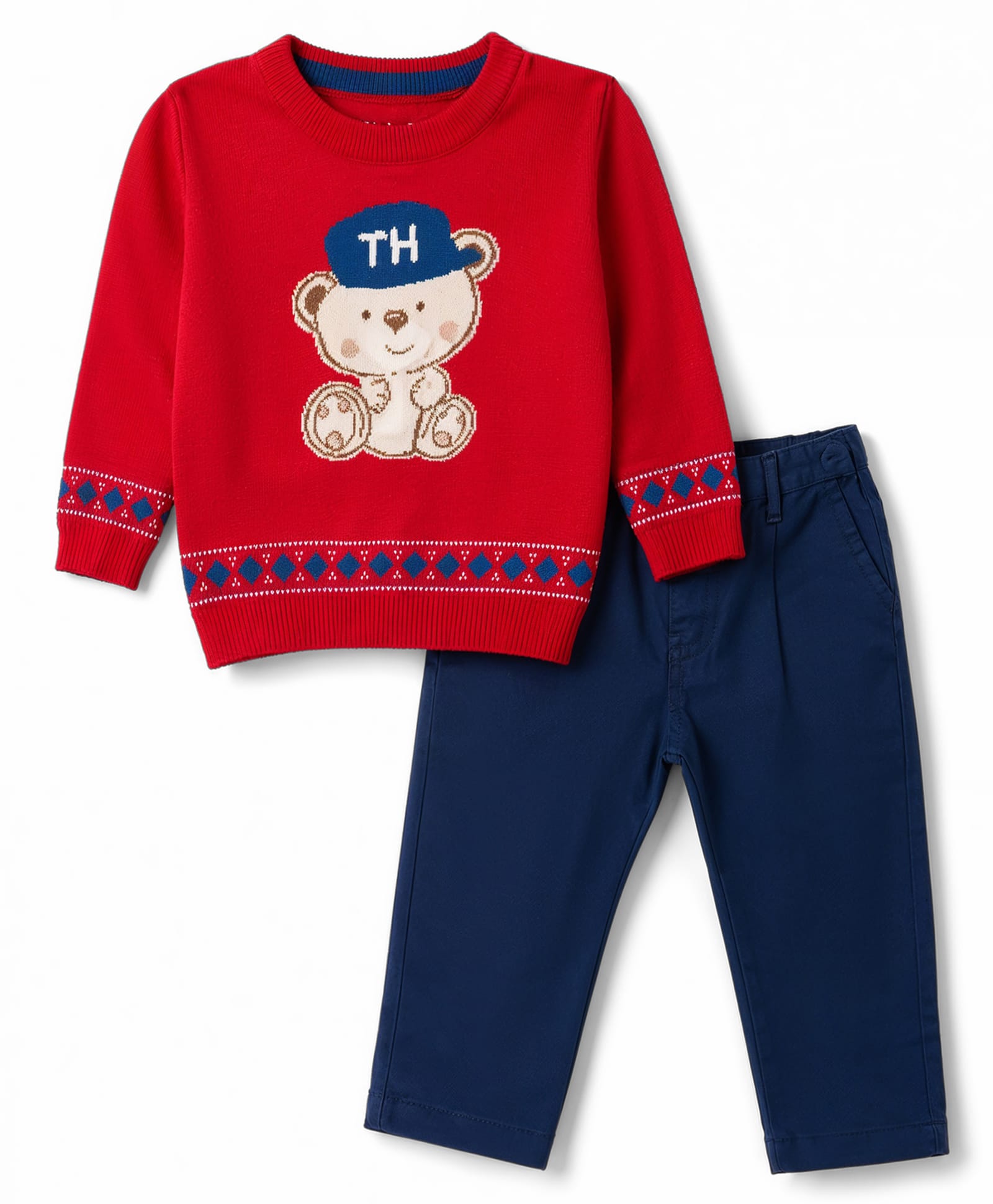 ToffyHouse Knitted Full Sleeves Bear Designed Sweater Set - Red-image-21