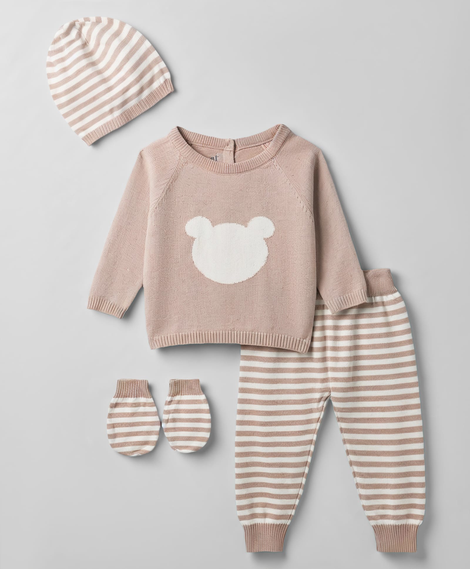 ToffyHouse Knit Full Raglan Sleeves Bear Designed Striped Sweater Set with Cap & Mittens- Tan-image-41