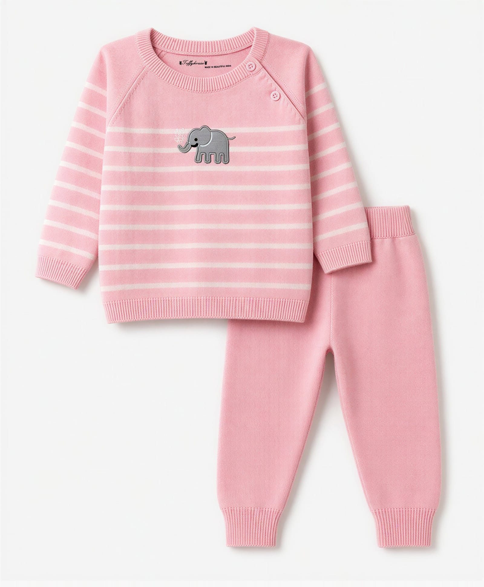 ToffyHouse Knitted Full Raglan Sleeves Striped Sweater Set with Elephant Patch - Light Pink-picture-39