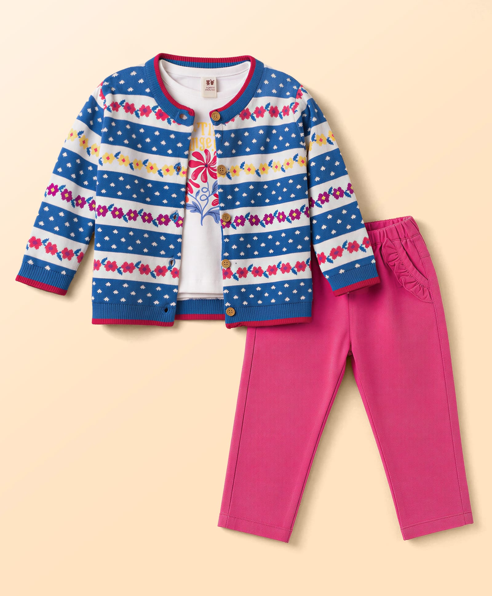ToffyHouse Knitted Full Sleeves Winter Wear Set With Strips And Floral Print Design - Blue & Pink-picture-19