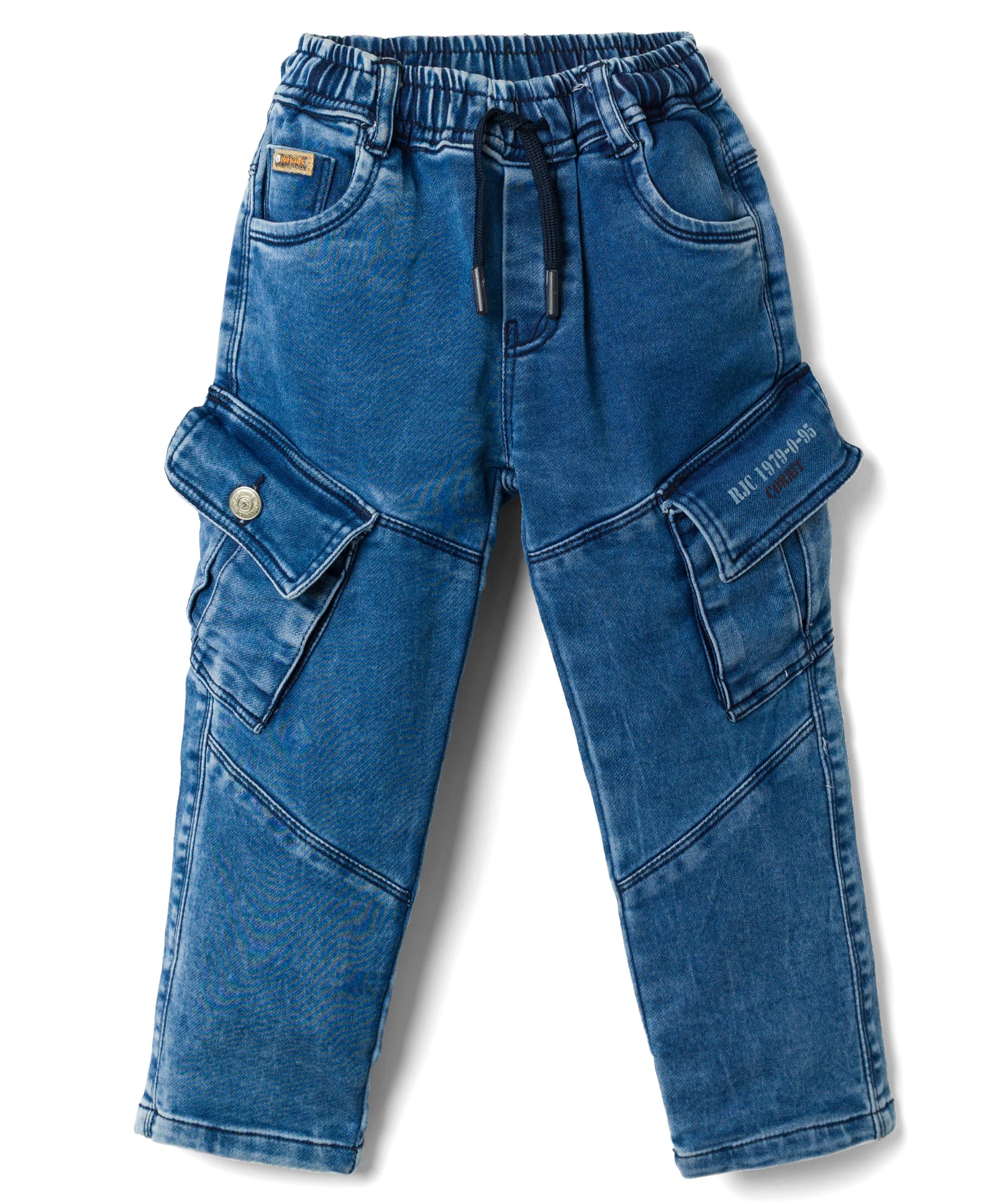Olio Kids Denim Woven Full Length Cut N Sew Text Printed Jeans With Cargo Pockets - Navy Blue-picture-15