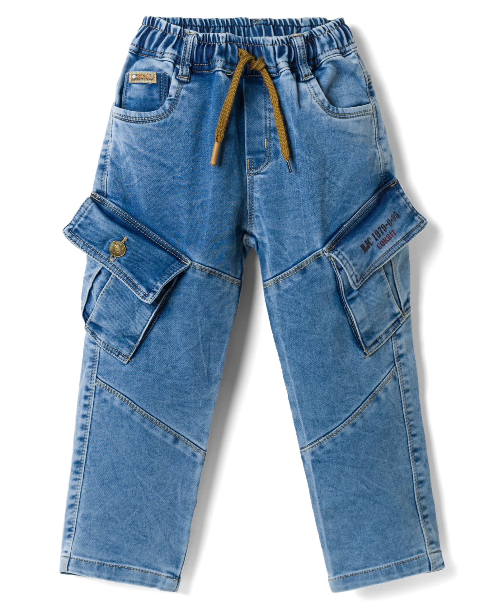 Olio Kids Denim Woven Full Length Cut N Sew Text Printed Jeans With Cargo Pockets - Light Blue-picture-10