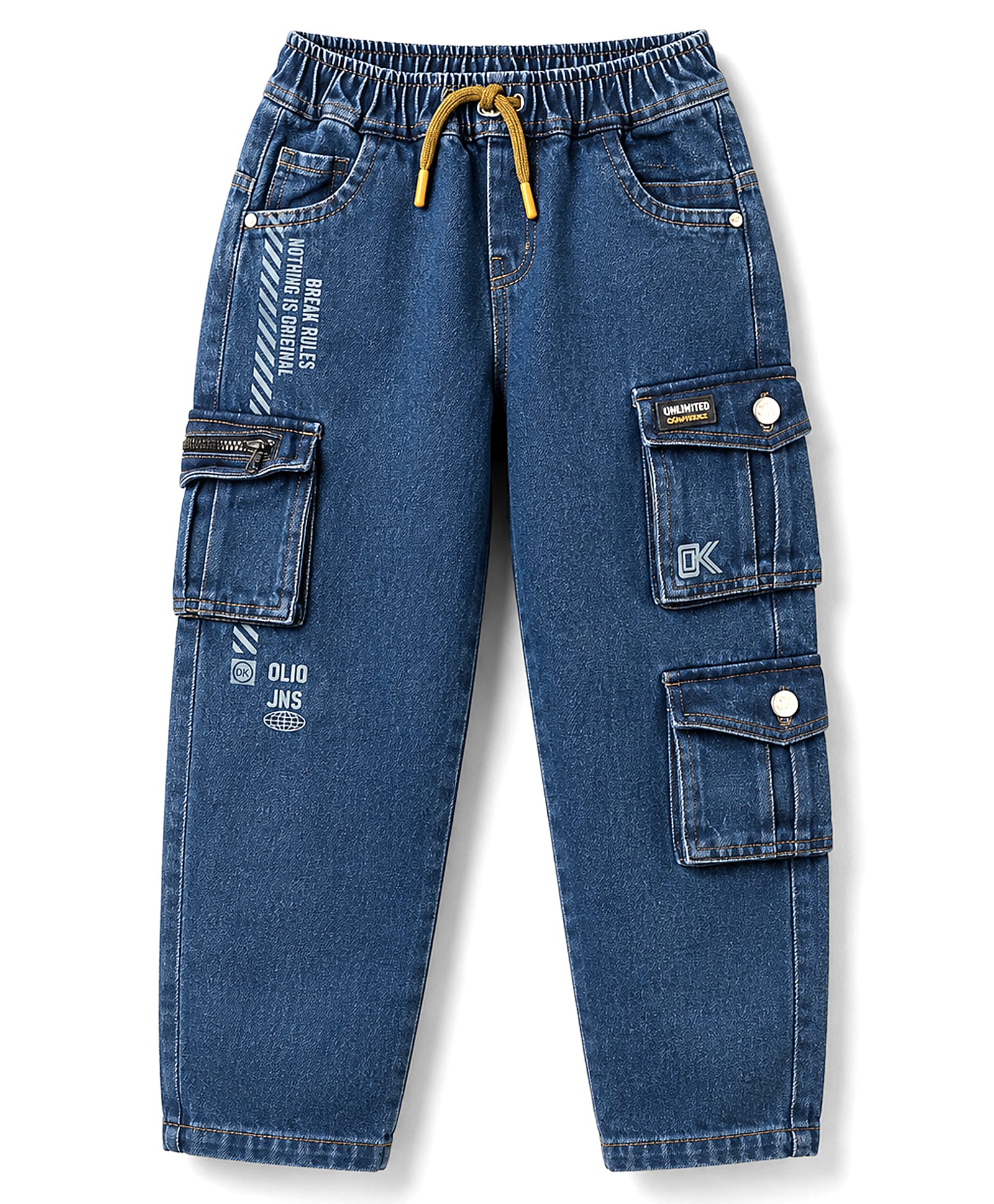 Olio Kids Denim Woven Full Length Jeans with cargo Pockets & Text Print - Blue-picture-13