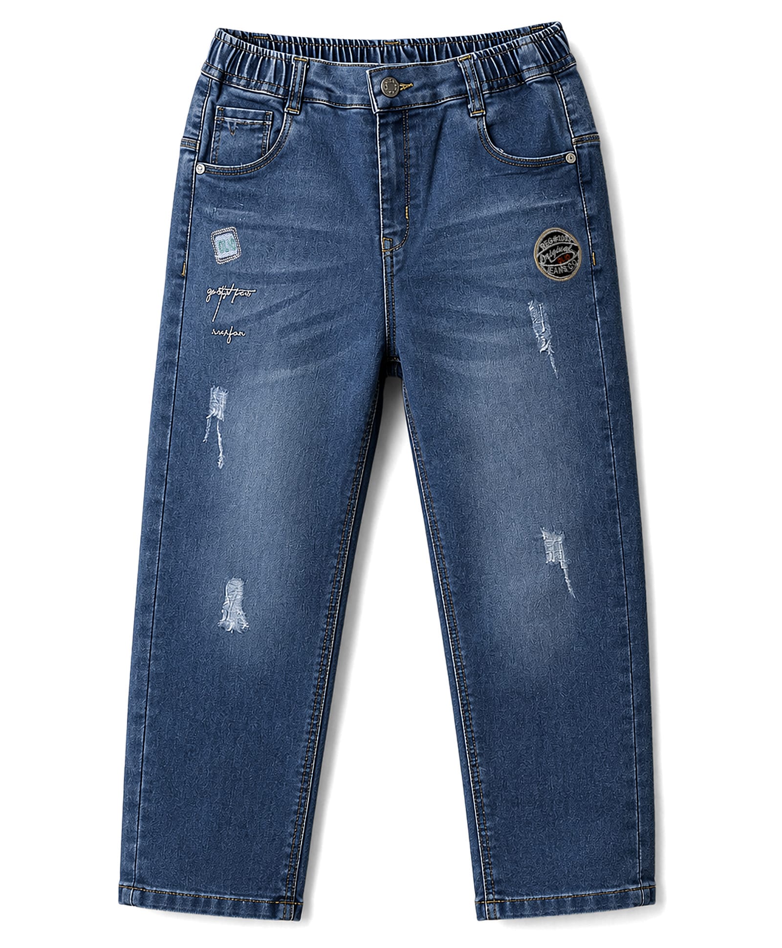 Olio Kids Denim Woven Full Length Jeans with Distressed Design - Blue-picture-12