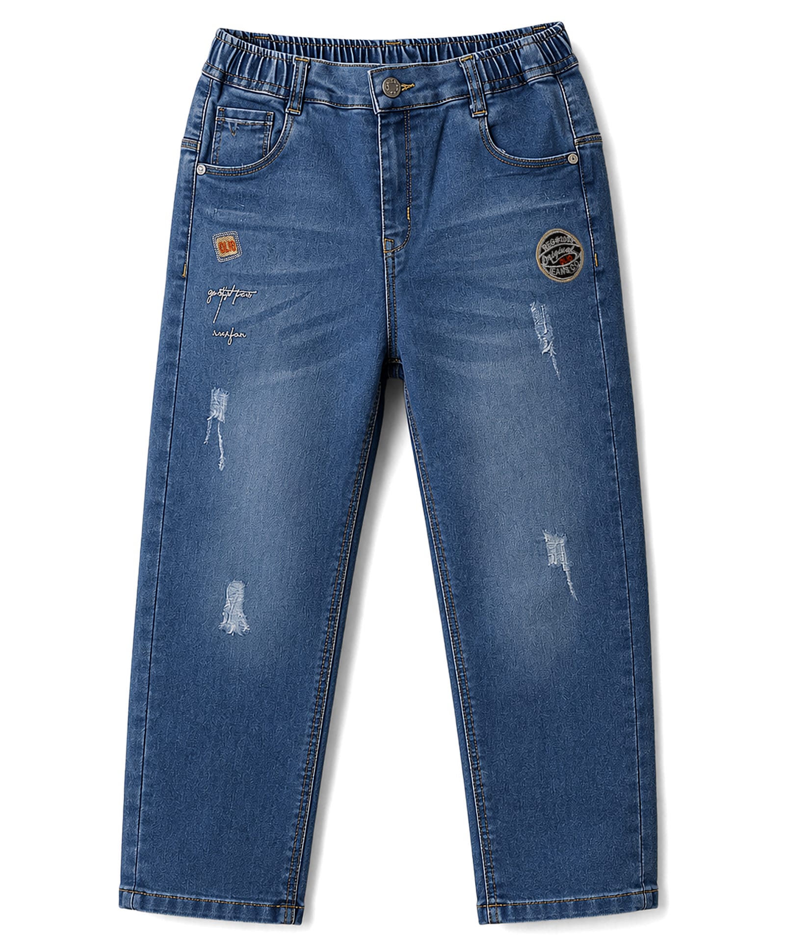 Olio Kids Denim Woven Full Length Jeans with Distressed & Badges - Light Blue-picture-18