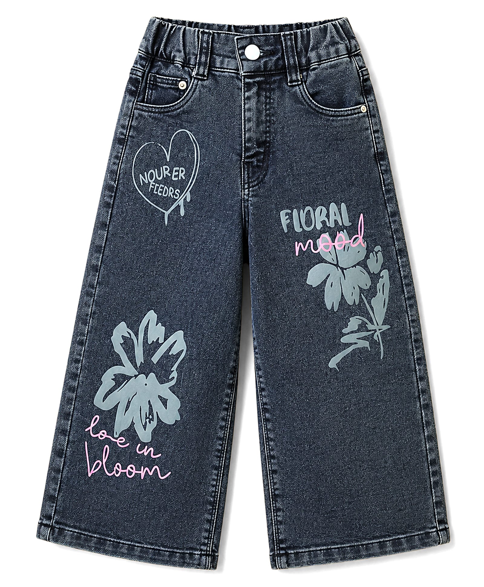 Olio Kids Denim Woven Full Length Jeans with Floral Print - Blue-picture-24