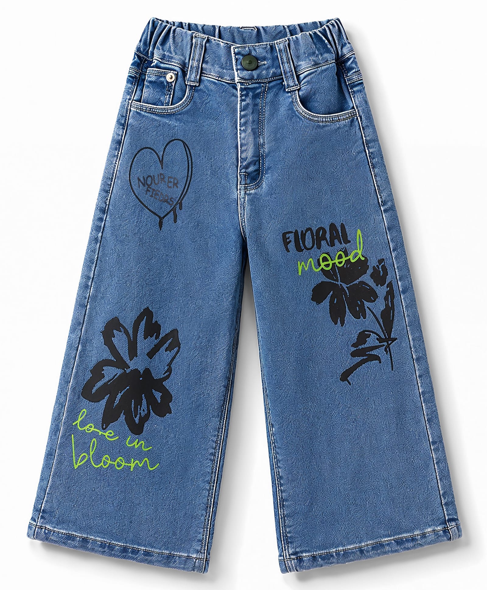 Olio Kids Denim Woven Full Length Jeans with Floral Print - Sky Blue-picture-29