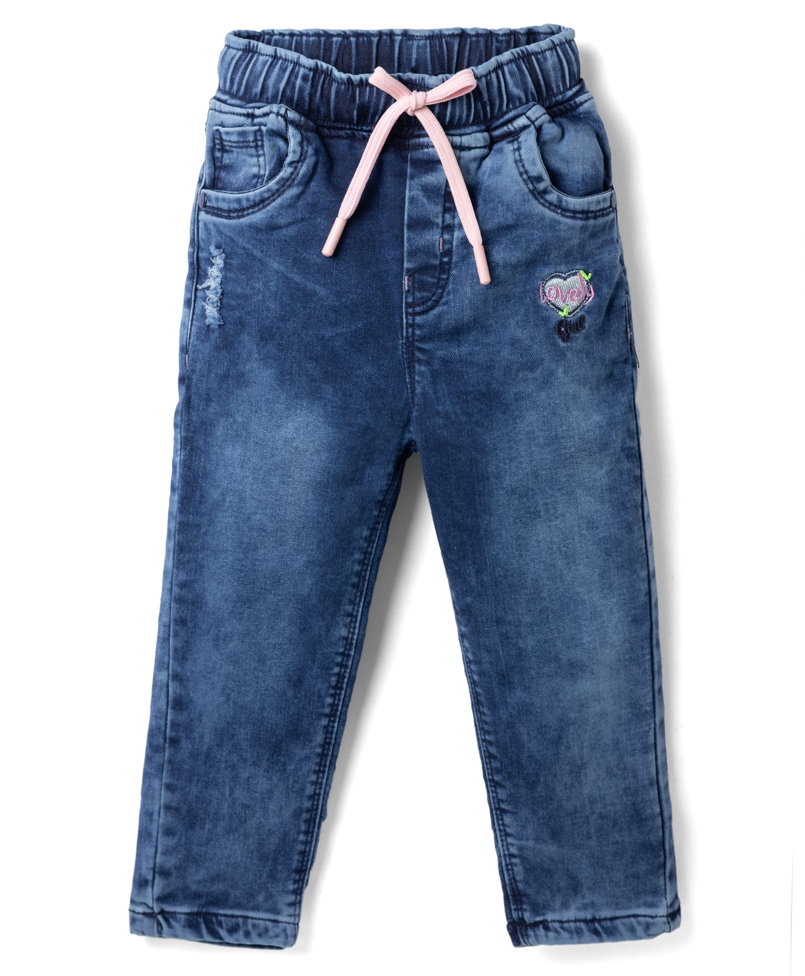 Olio Kids Denim Woven Full Length Distressed Hearts Embroidered Washed Jeans - Navy Blue-picture-23