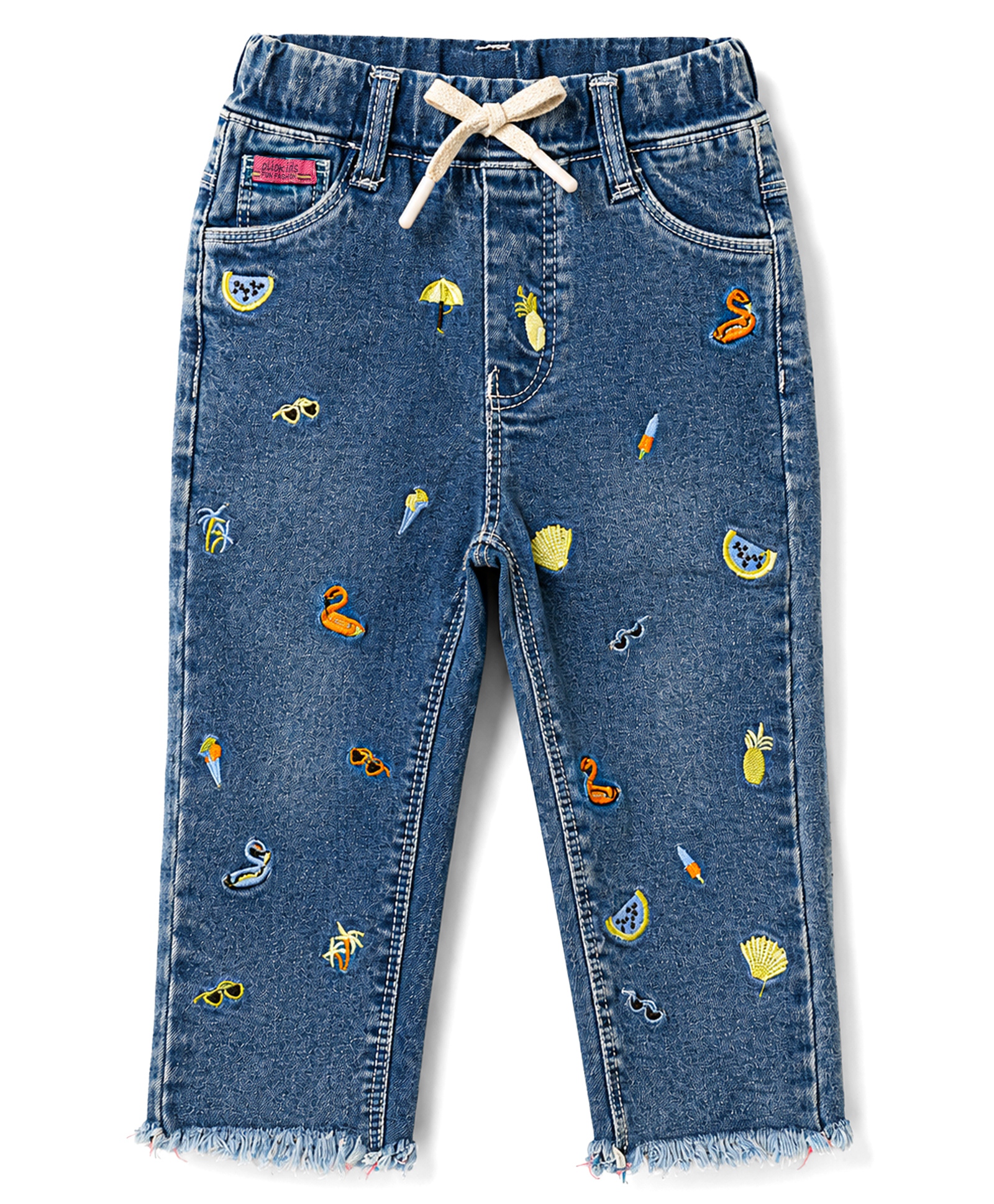 Olio Kids Denim Woven Full Length Jeans with Tropical Theme Embroidery- Blue-picture-16
