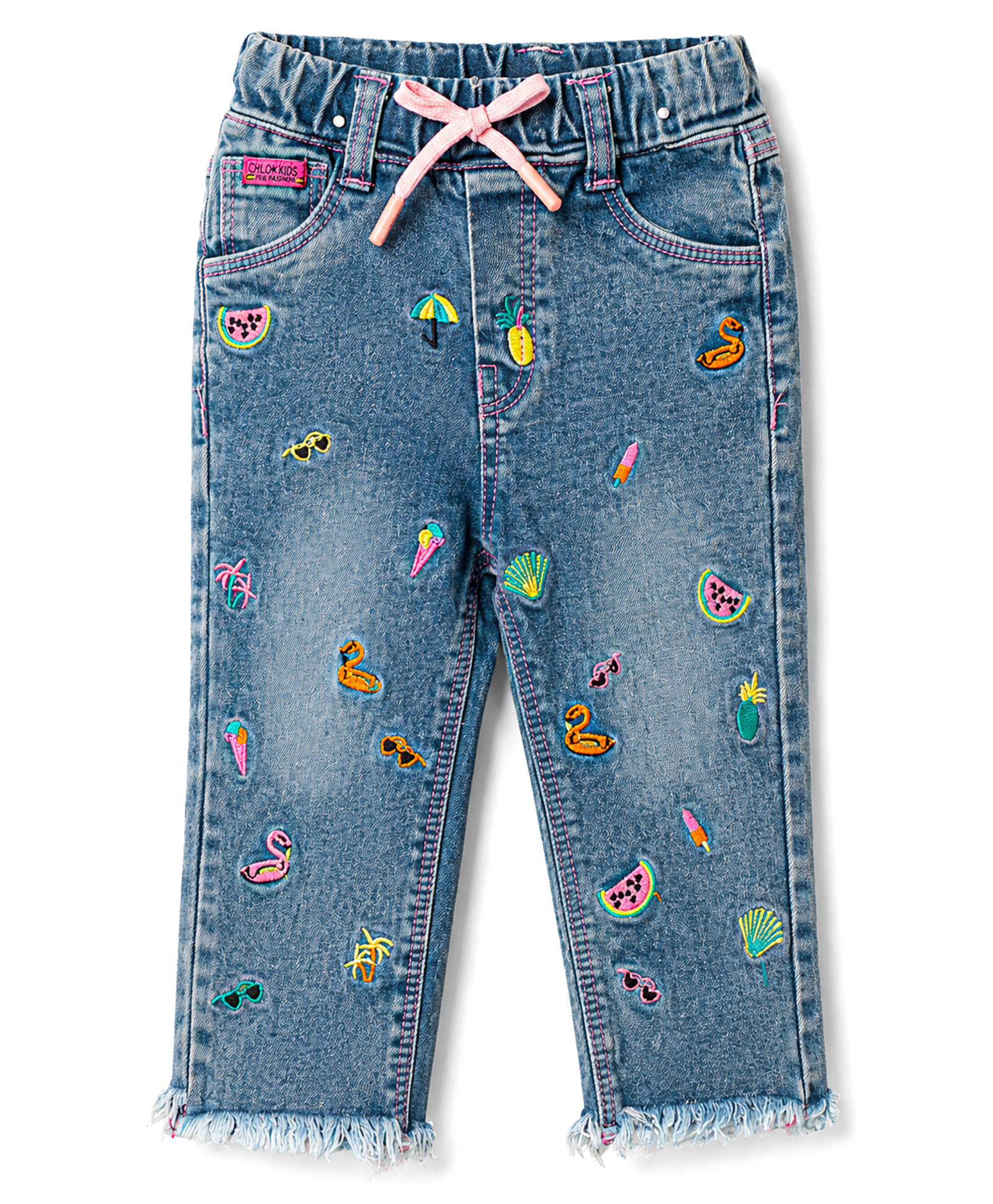 Olio Kids Denim Woven Full Length Jeans with Tropical Theme Embroidery-Light Blue-picture-13