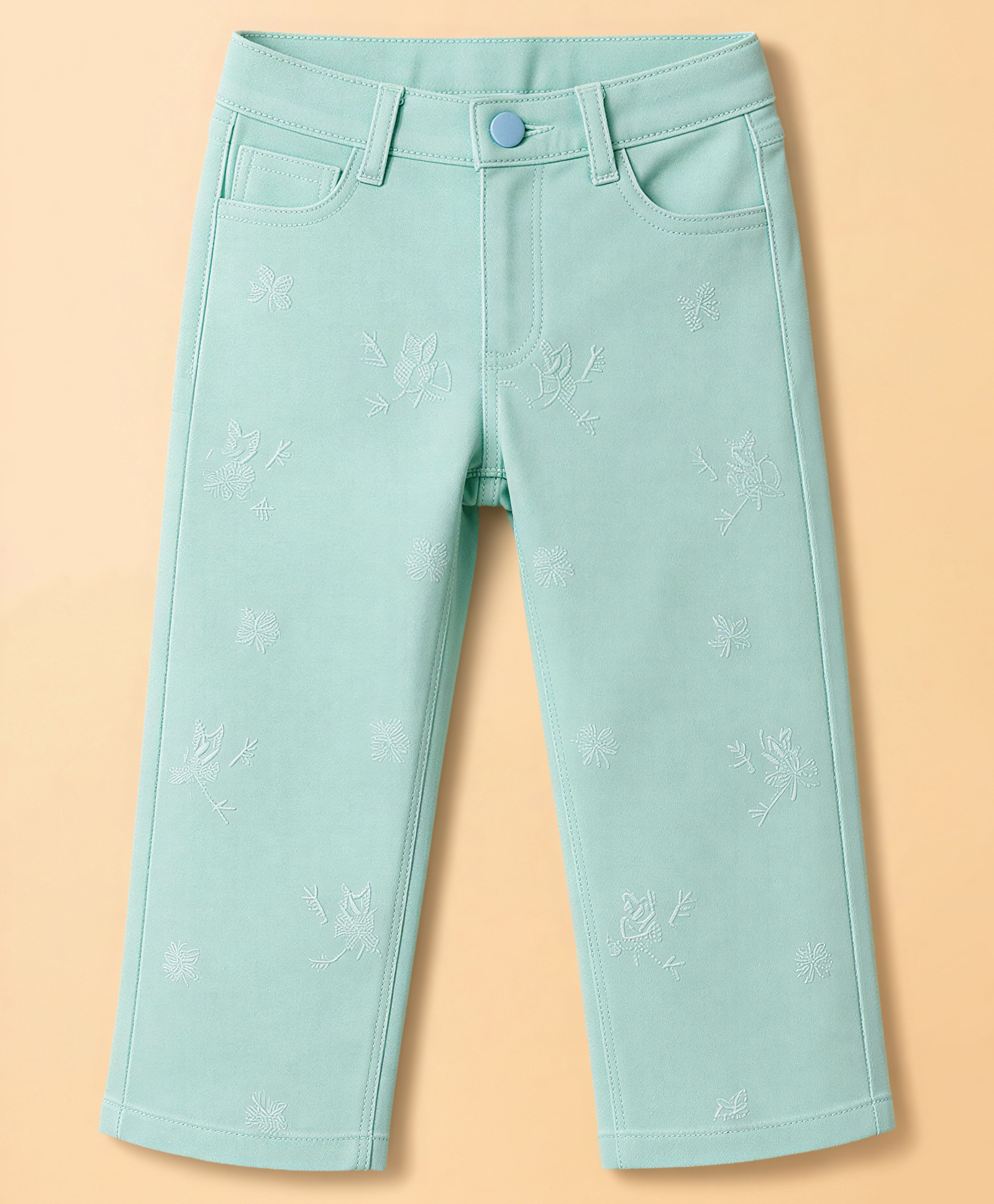 Olio Kids Cotton Woven Full Length Solid Colour Trouser with Self Embroidered Design - Sea Green-picture-38