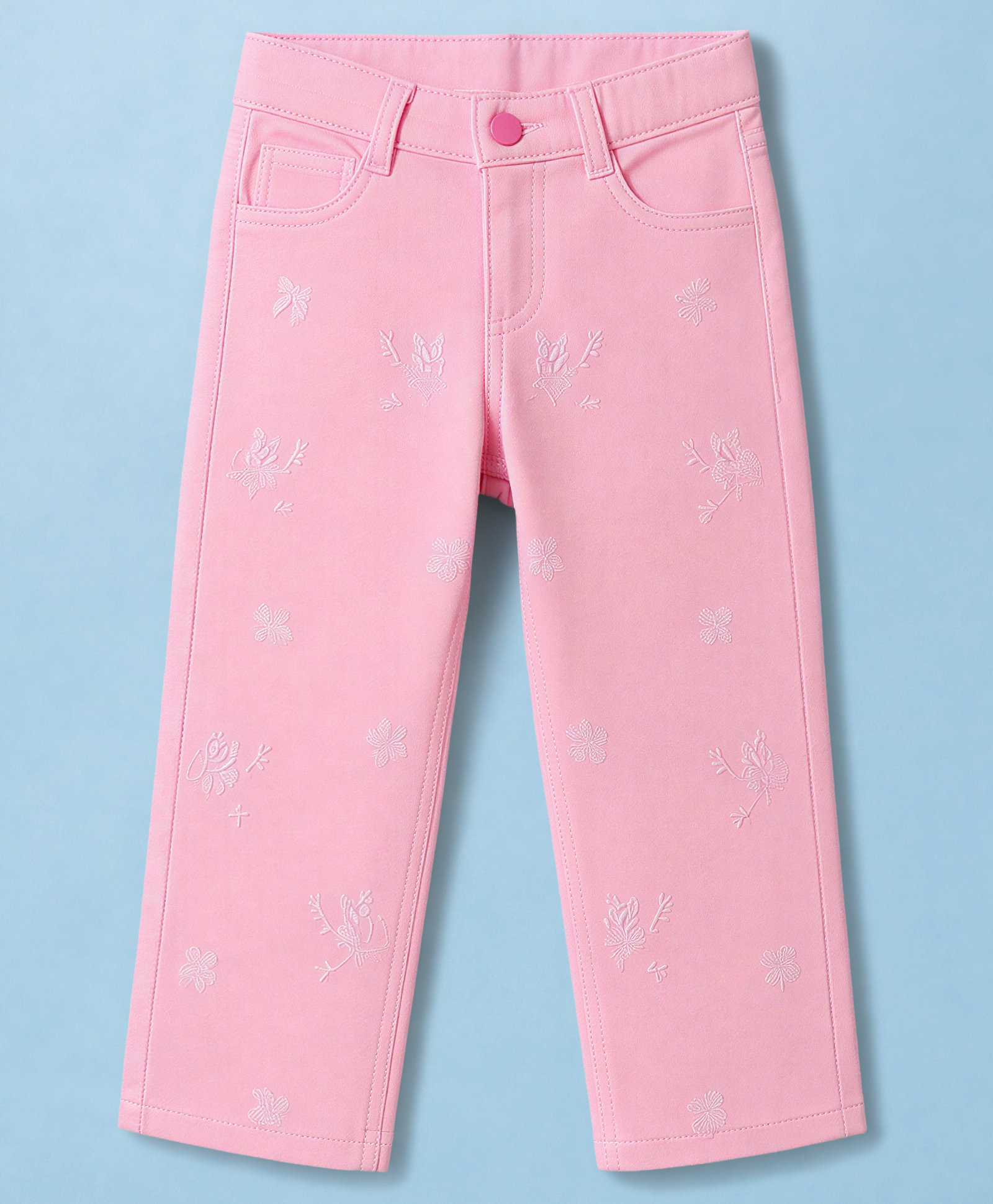 Olio Kids Cotton Woven Full Length Solid Colour Trouser with Floral Embroidered Design - Pink-picture-29