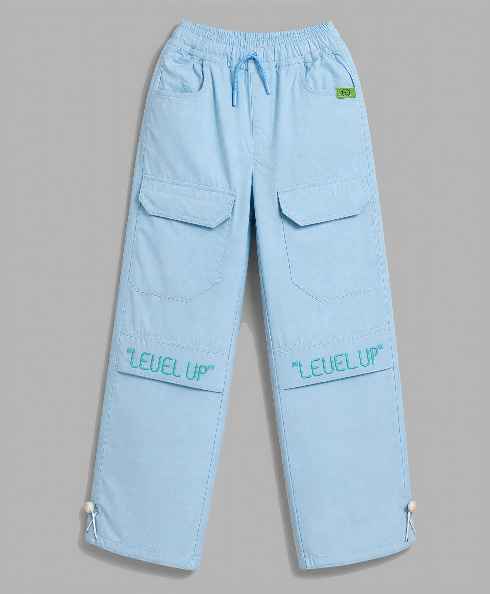 Olio Kids Cotton Woven Full Length Level Up Embroidered Trouser - Light Blue-picture-16