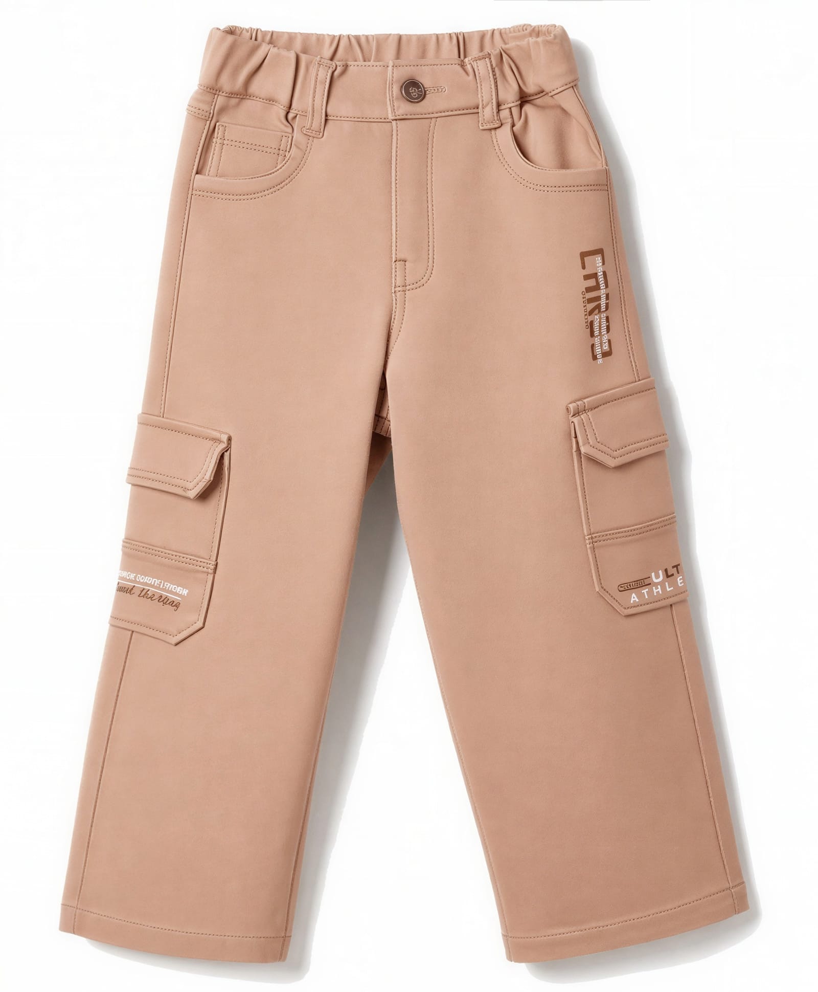 Olio Kids Cotton Woven Full Length Text Printed Trouser with Cargo Pockets - Cream-picture-17
