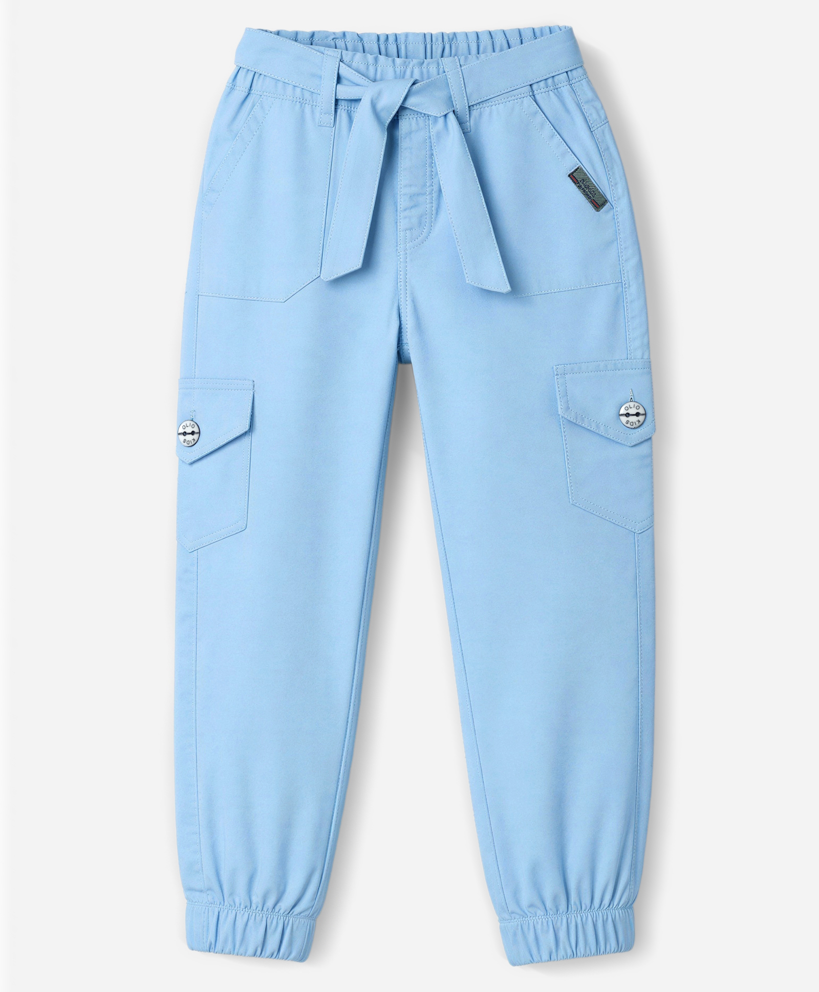 Olio Kids Cotton Woven Full Length Solid Jogger With Cargo Pockets - Light Blue-picture-11