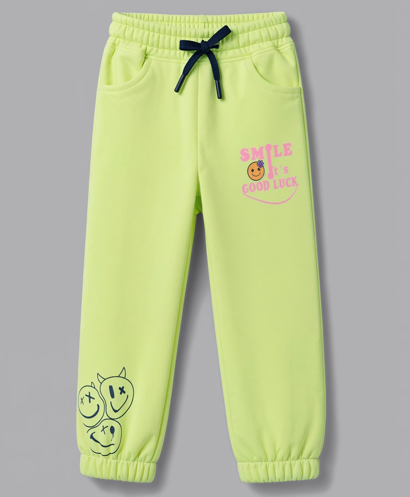 Olio Kids Fleece Knit Full Length Smile Printed Lounge Pant with Cargo Pockets - Neon Green-picture-28