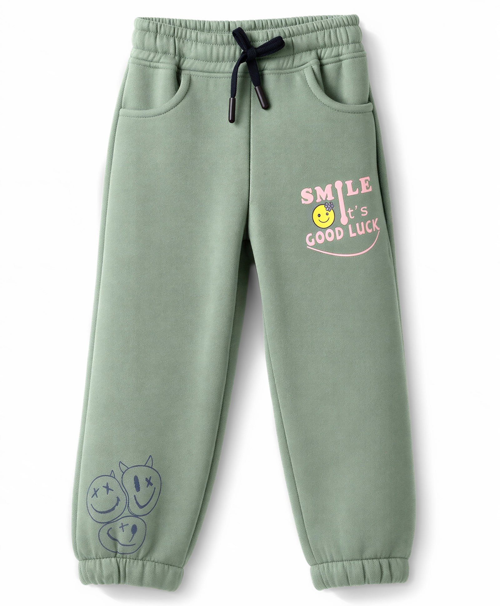 Olio Kids Fleece Knit Full Length Smile Printed Lounge Pant with Cargo Pockets - Olive Green-image-25