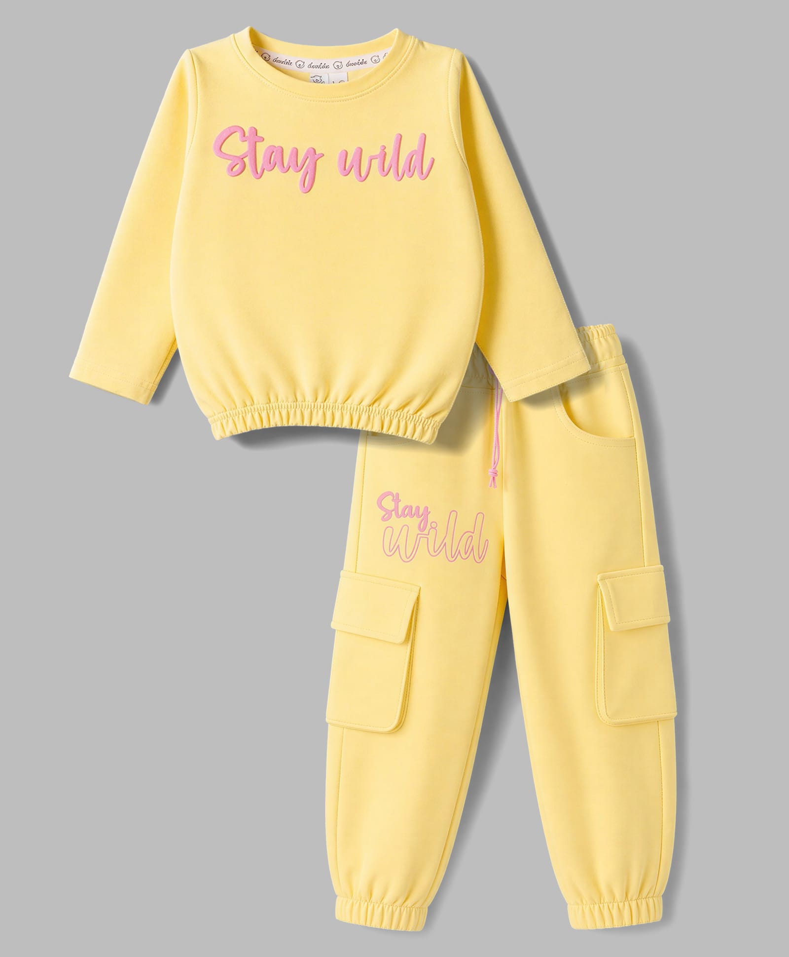 Olio Kids Looper Knit Full Sleeves Text Printed T-Shirt & Jogger Set - Yellow-image-45
