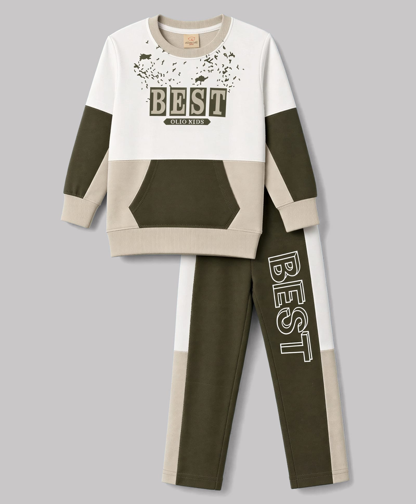 Olio Kids Looper Knit Full Sleeves T-Shirt & Pant With Text Print - Olive Green-image-29